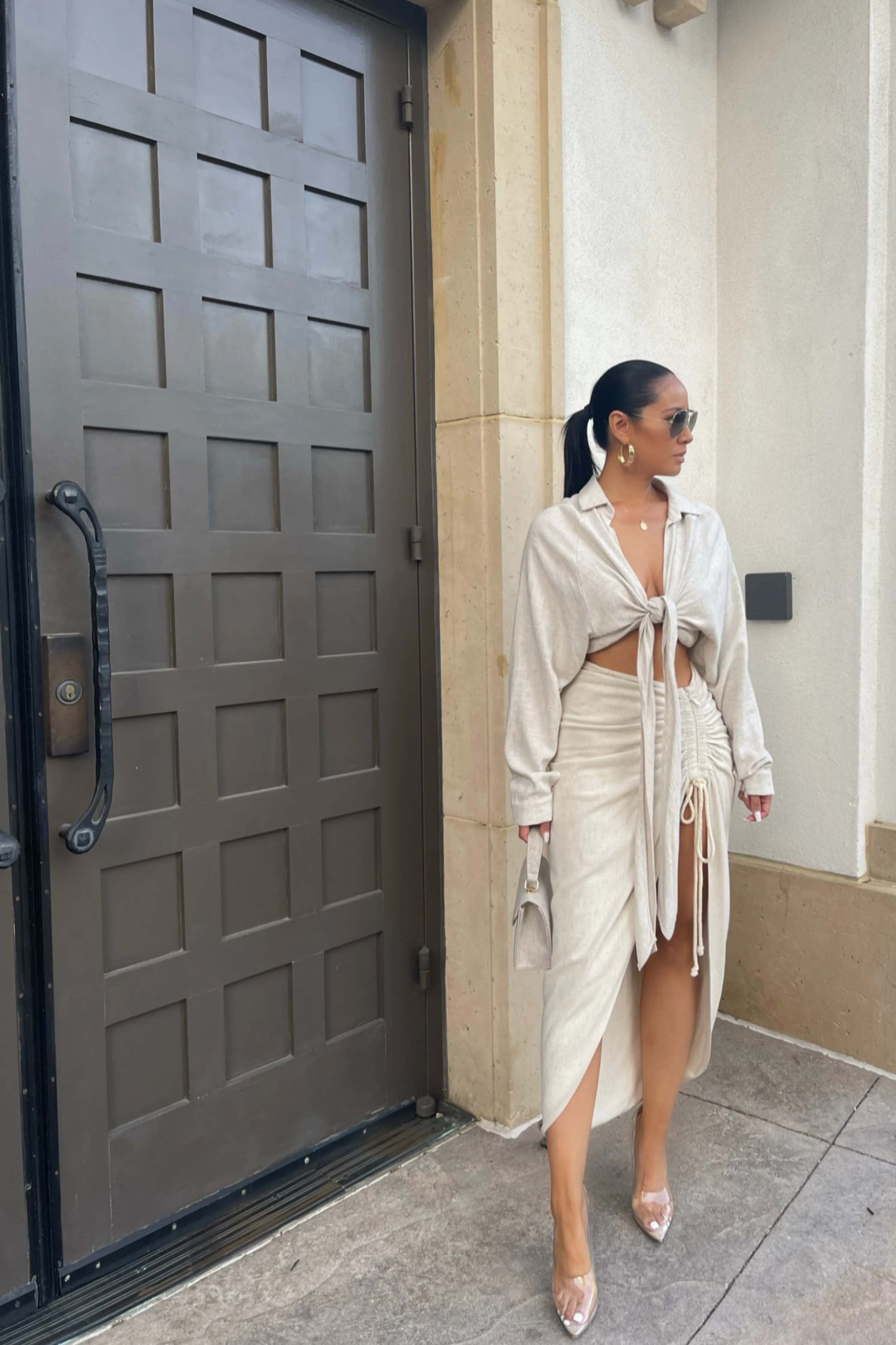 Natural Spring Ruched Linen Skirt