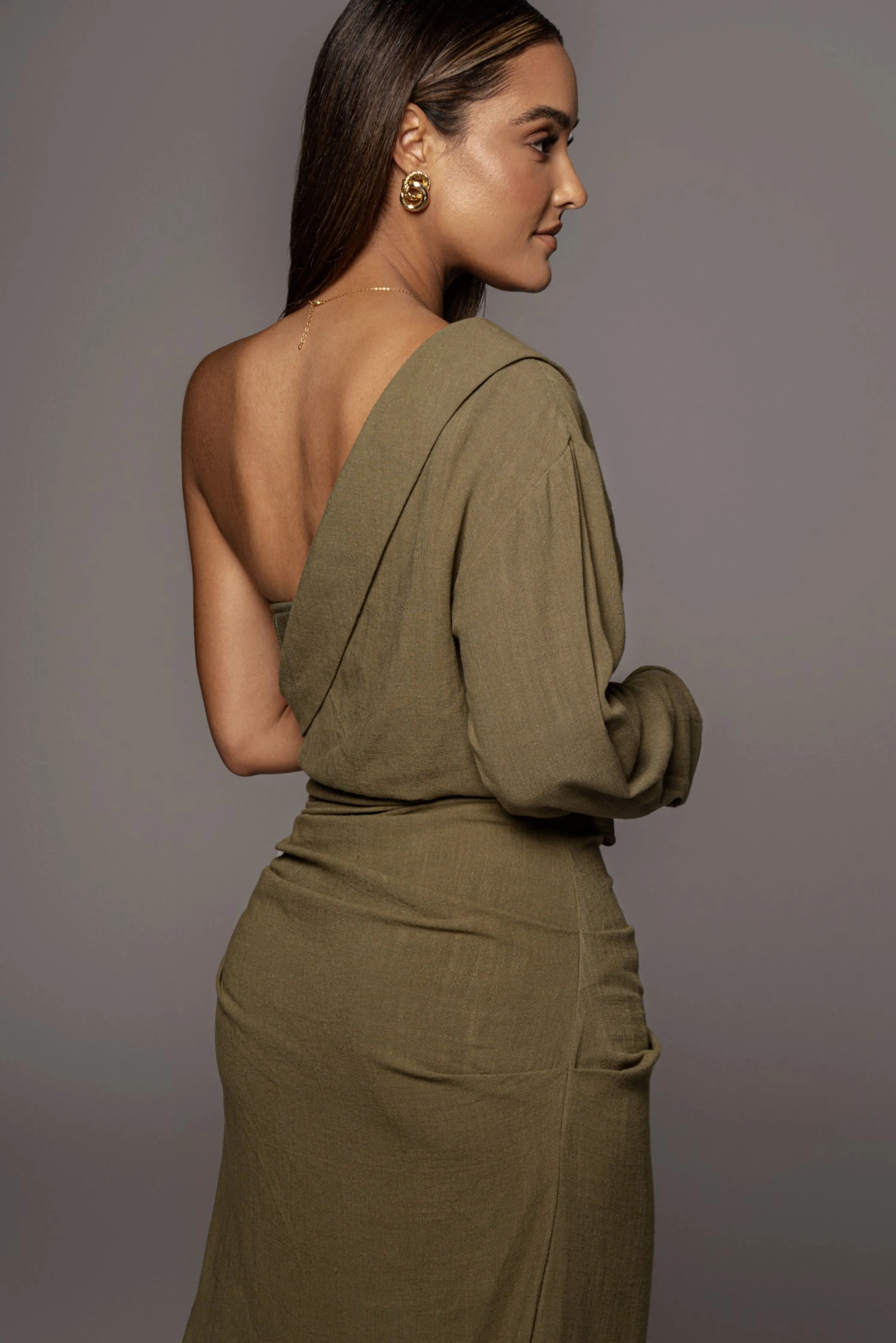Olive Evita Linen Draped Dress