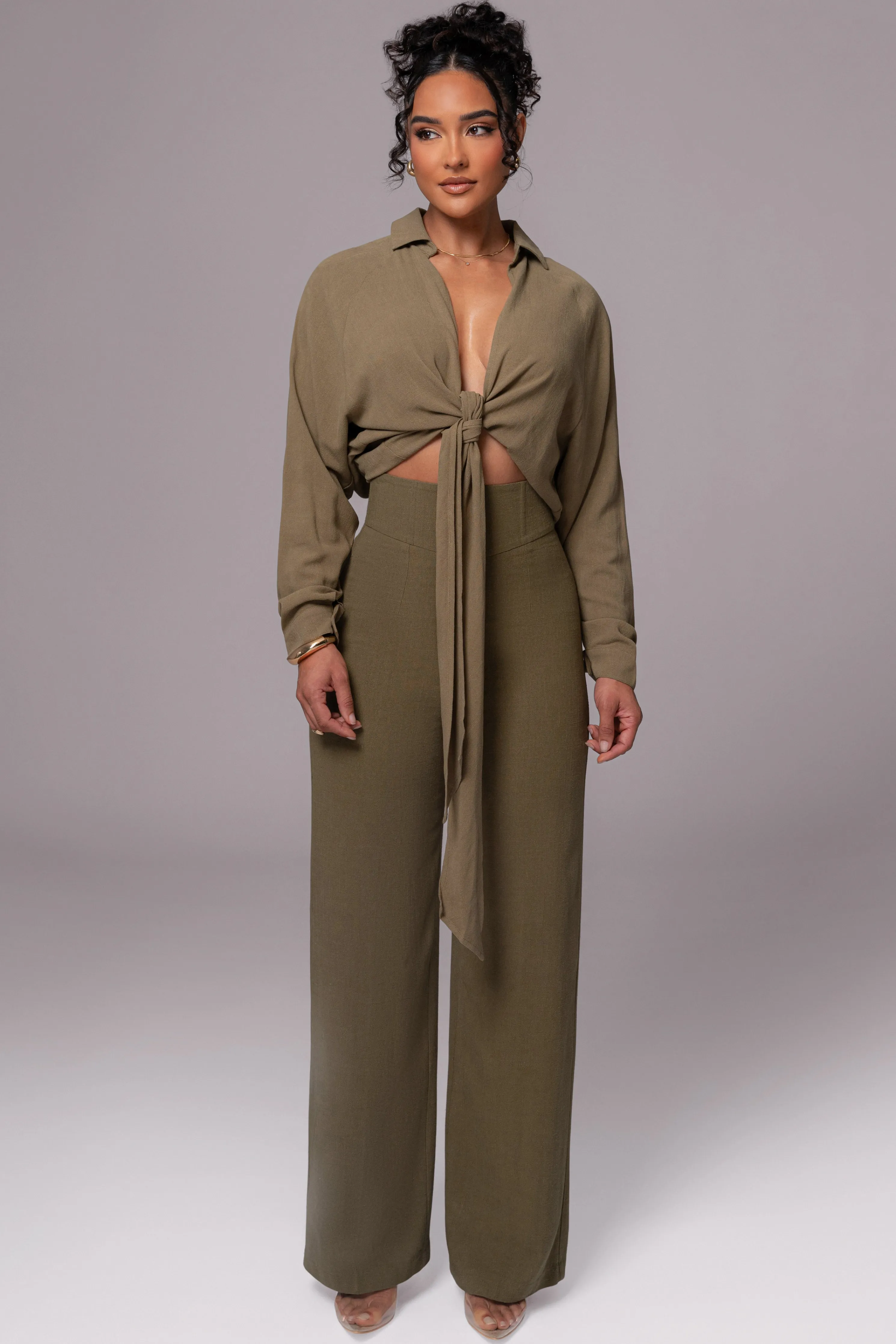 Olive Soho Front Tied Woven Top