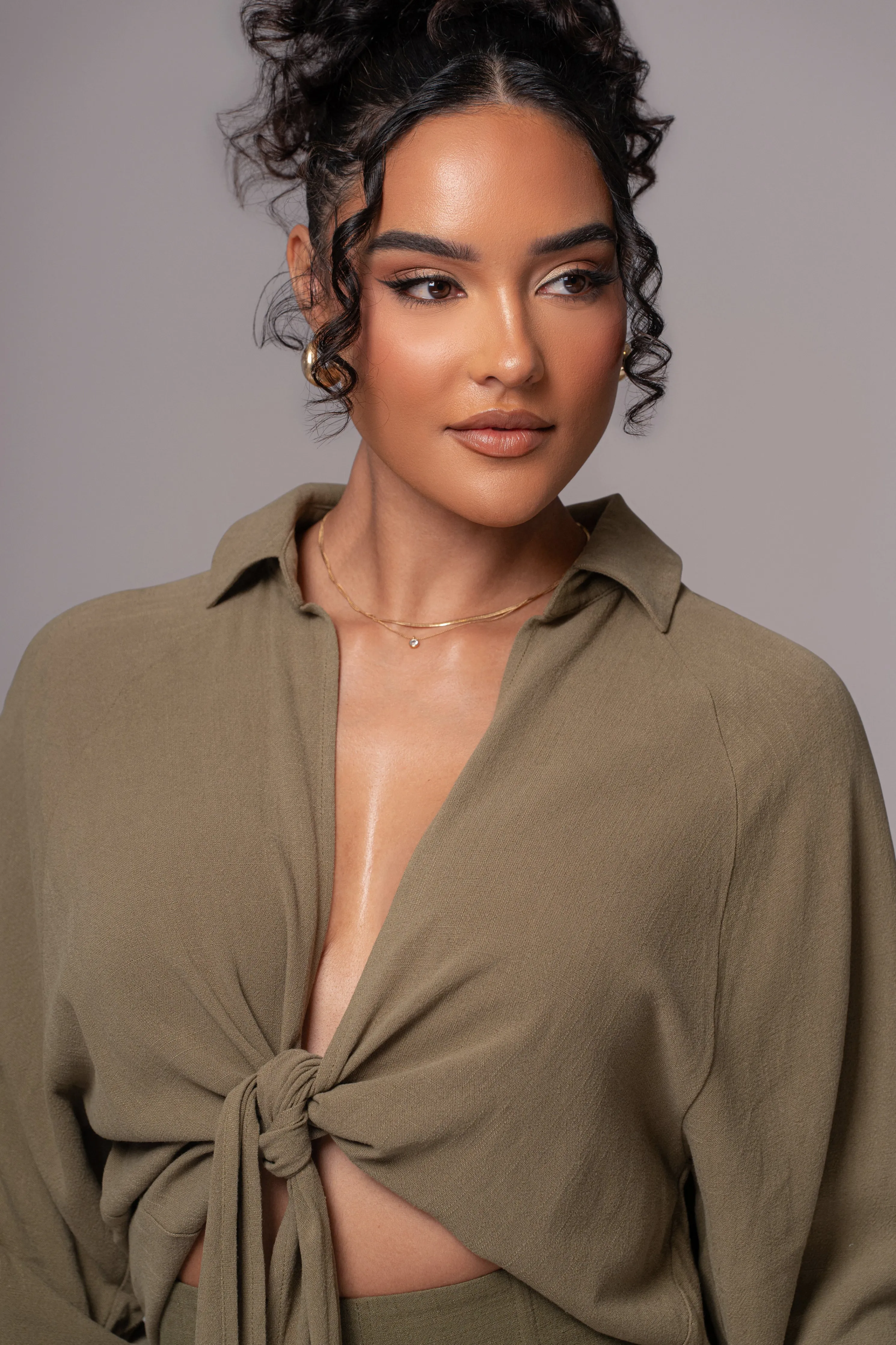 Olive Soho Front Tied Woven Top