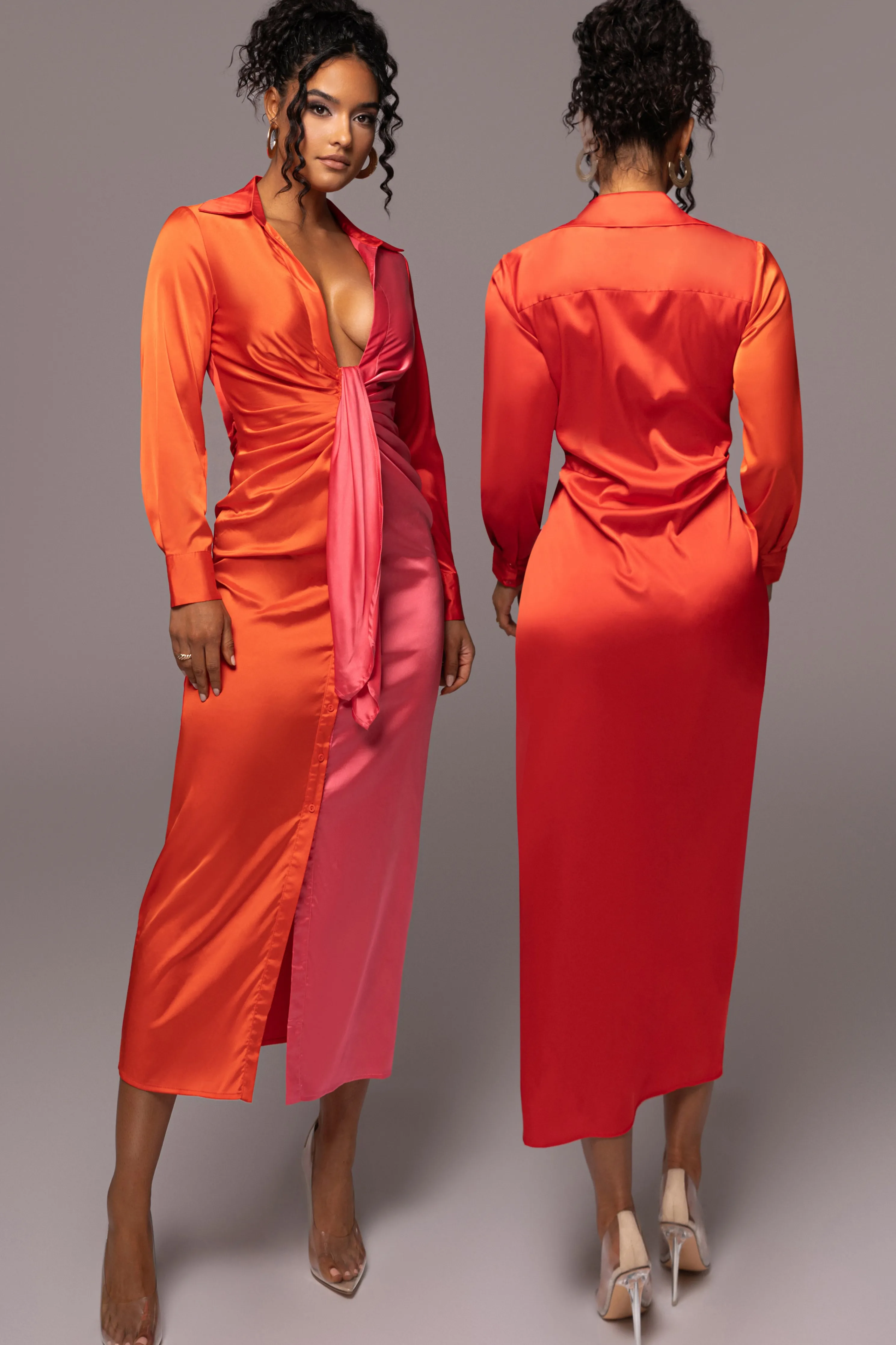 Pink Color Block Satin Midi Dress