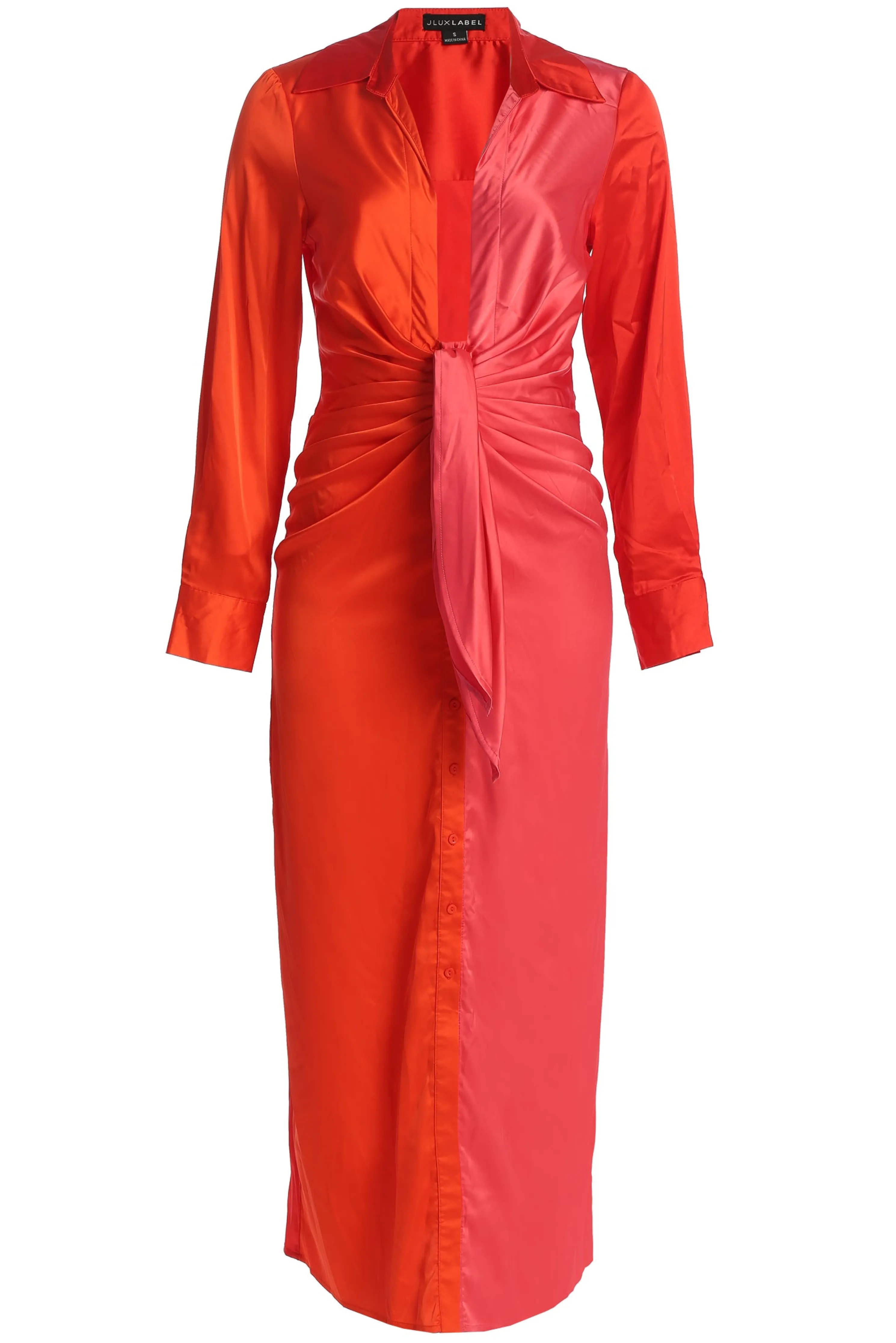 Pink Color Block Satin Midi Dress