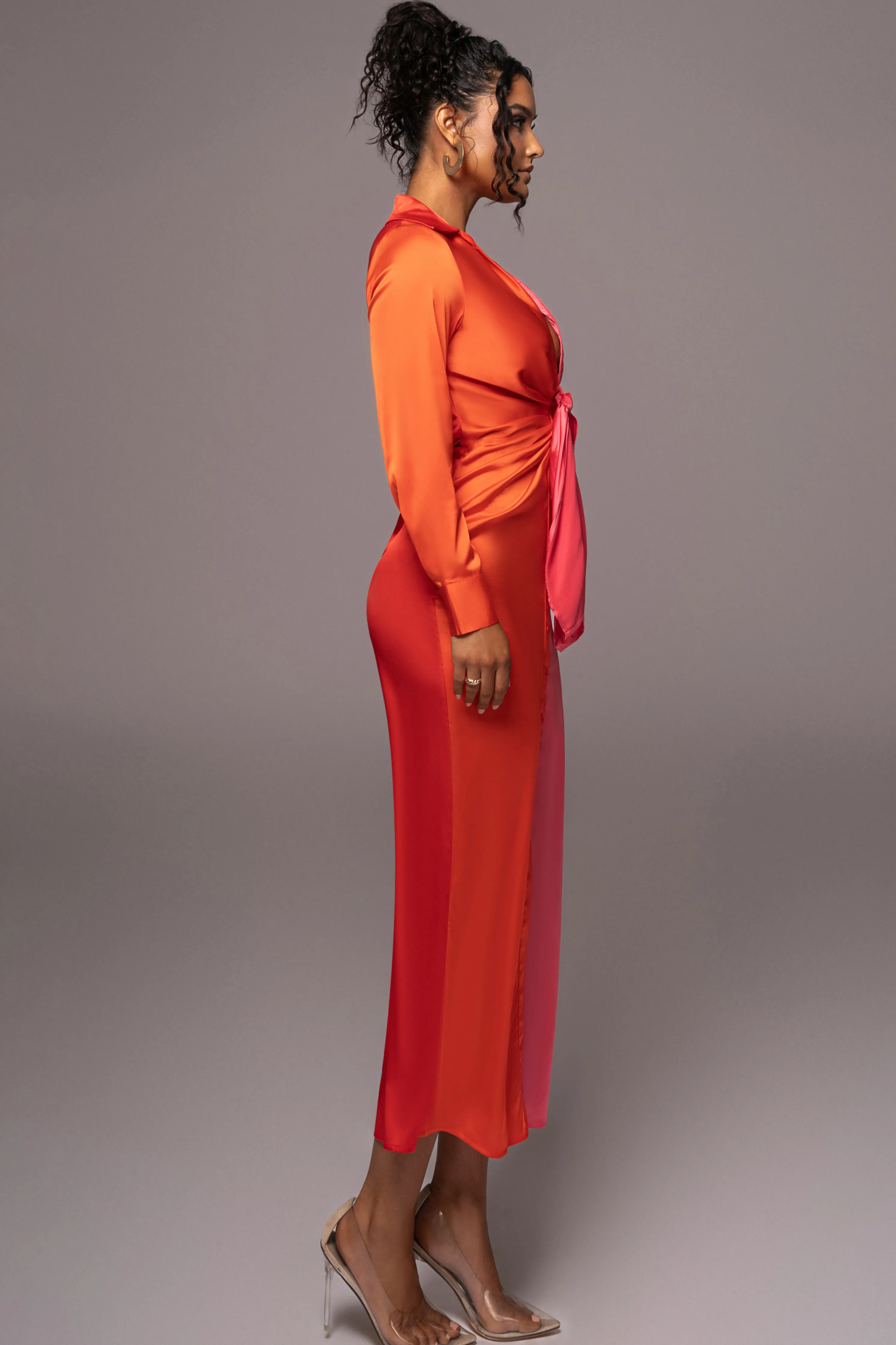 Pink Color Block Satin Midi Dress