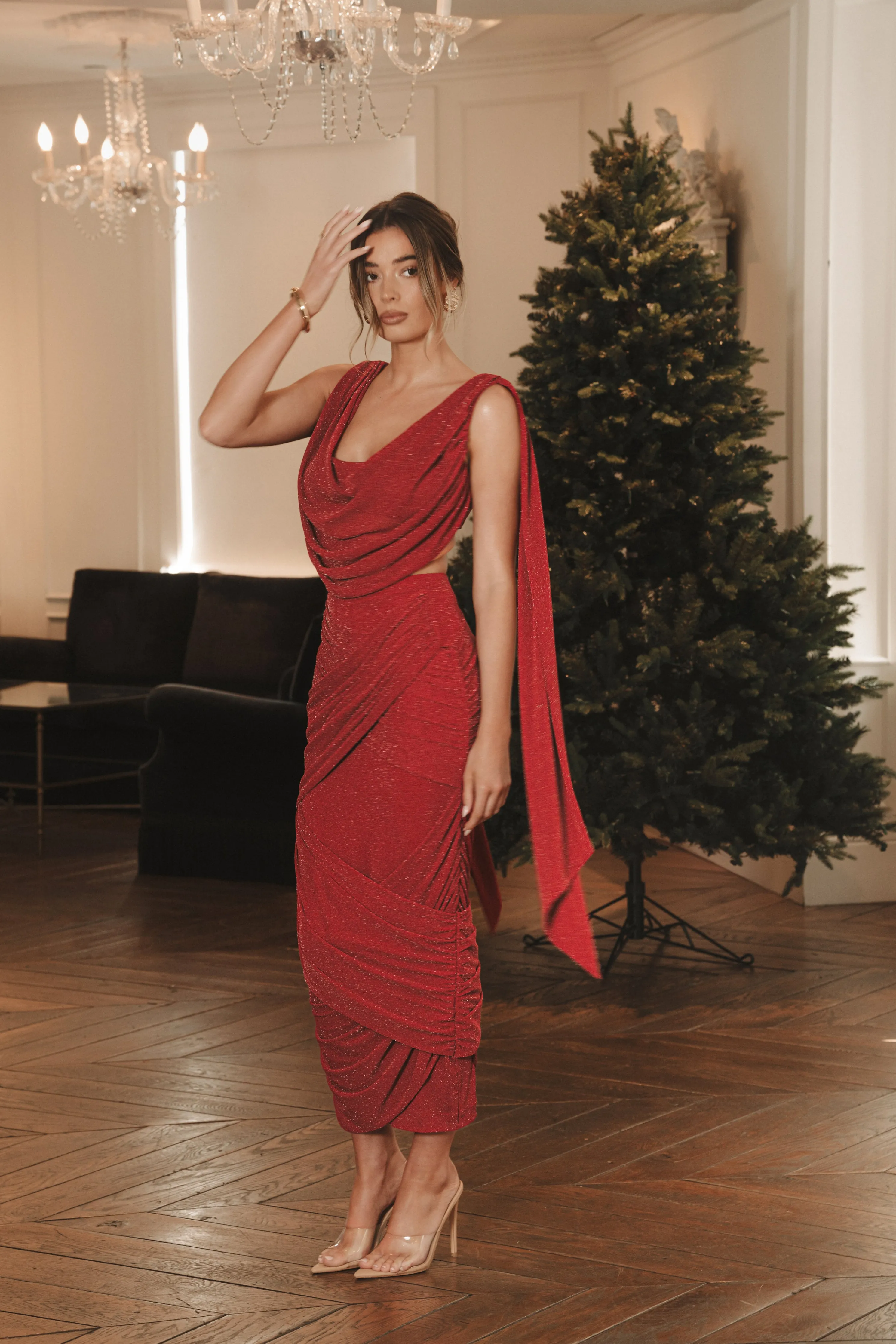 Red Divine Drape Skirt Set