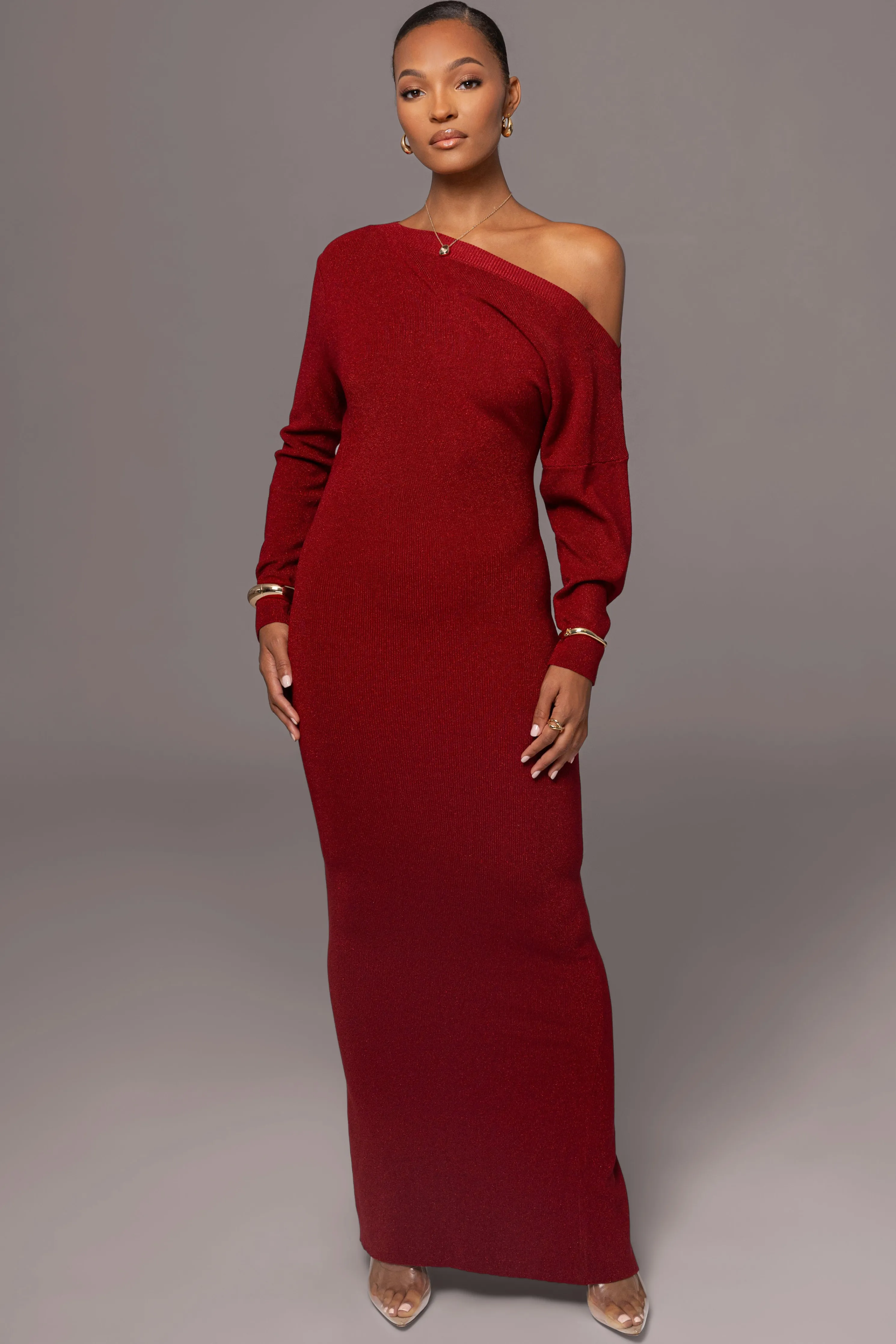 Red Night Shimmers Asymmetrical Maxi Dress