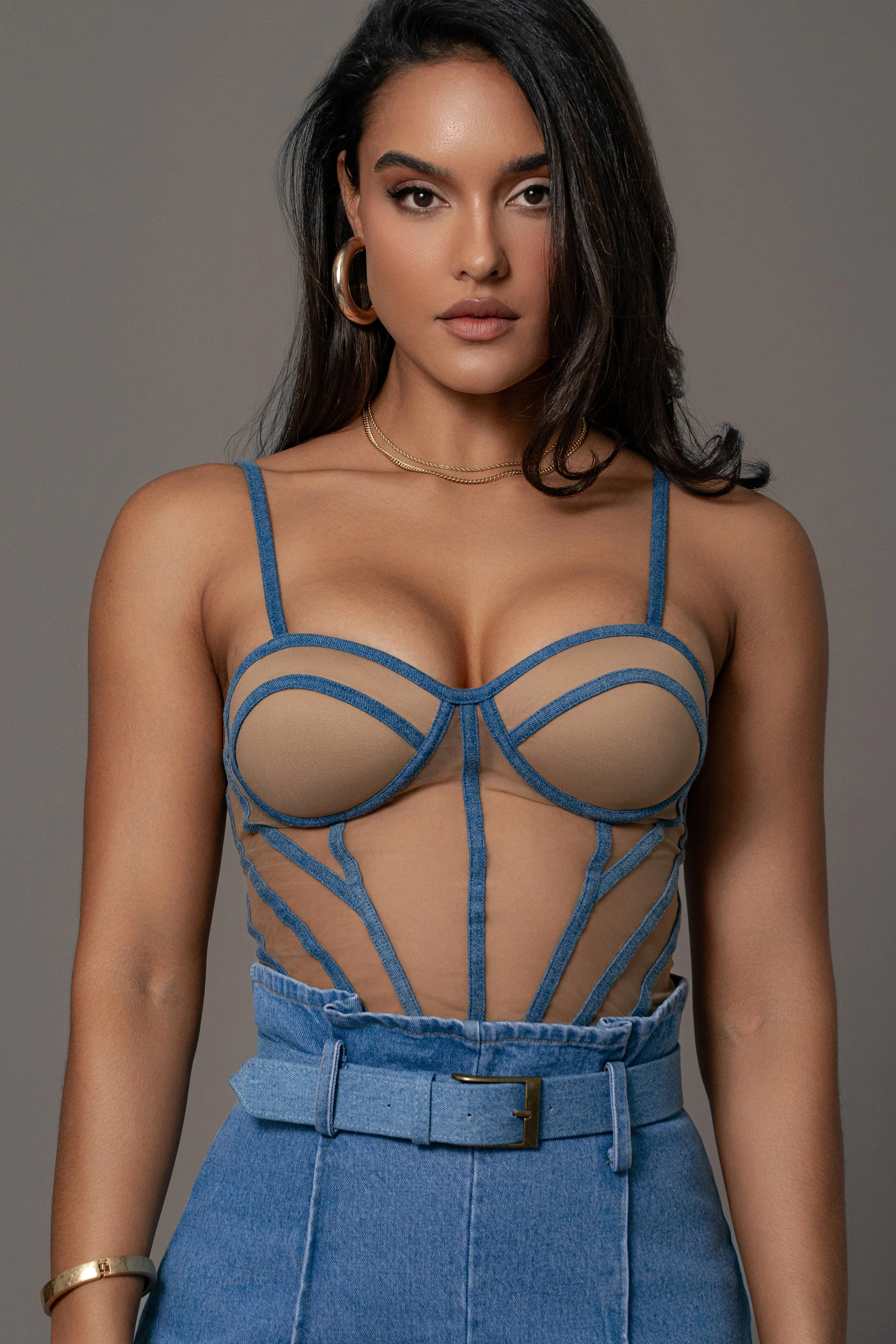 Tan Denim Illusion Mesh Bustier