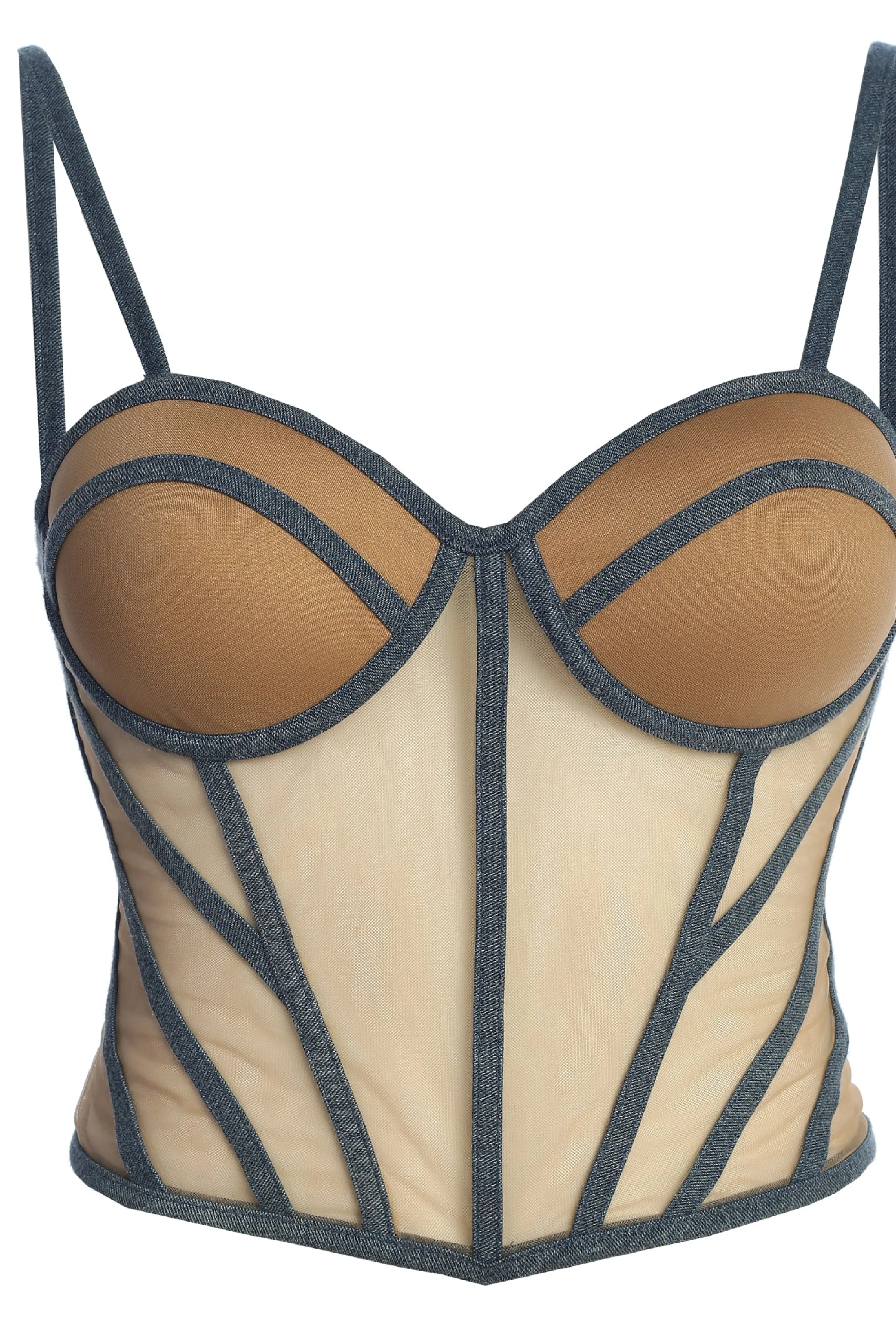 Tan Denim Illusion Mesh Bustier