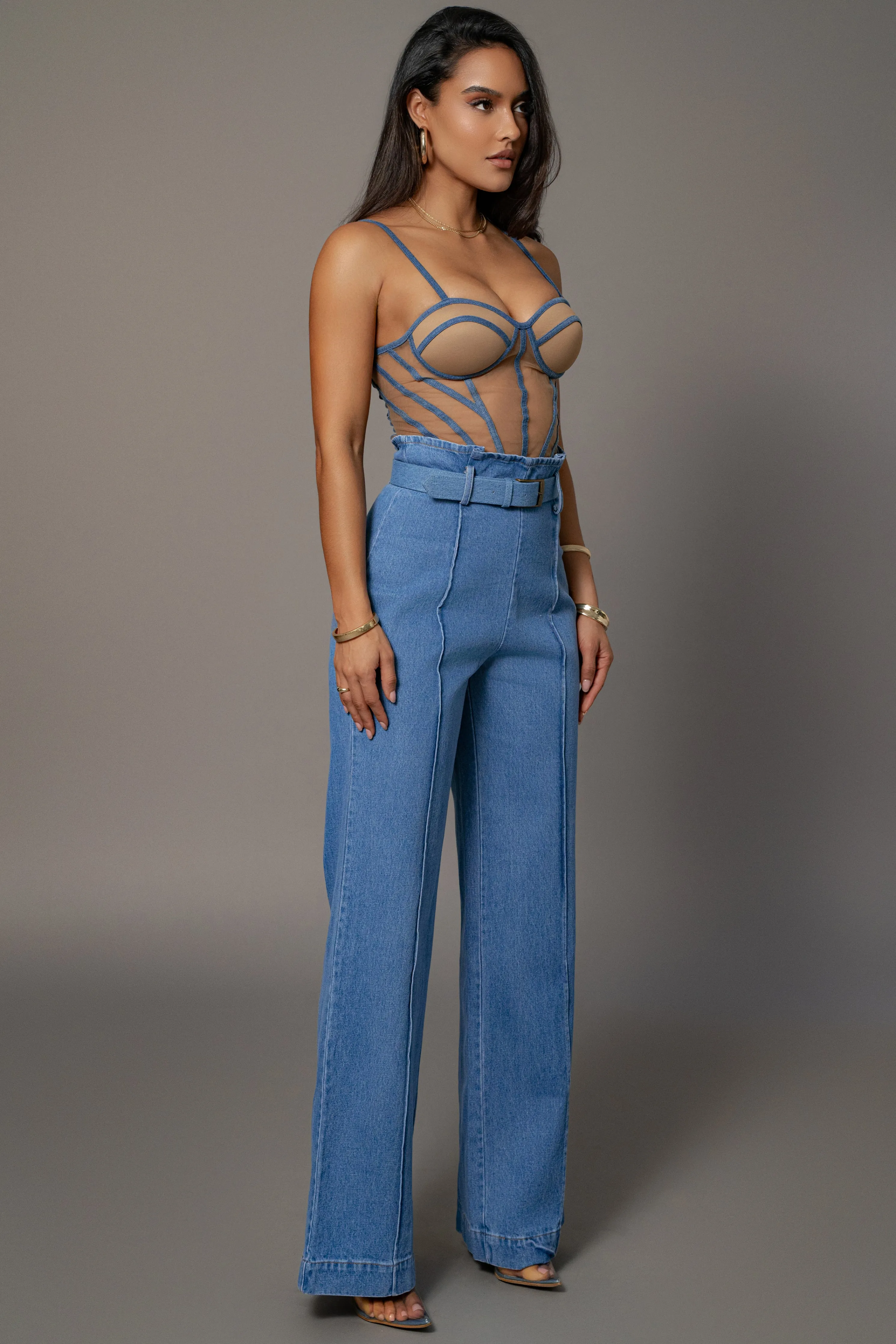 Tan Denim Illusion Mesh Bustier