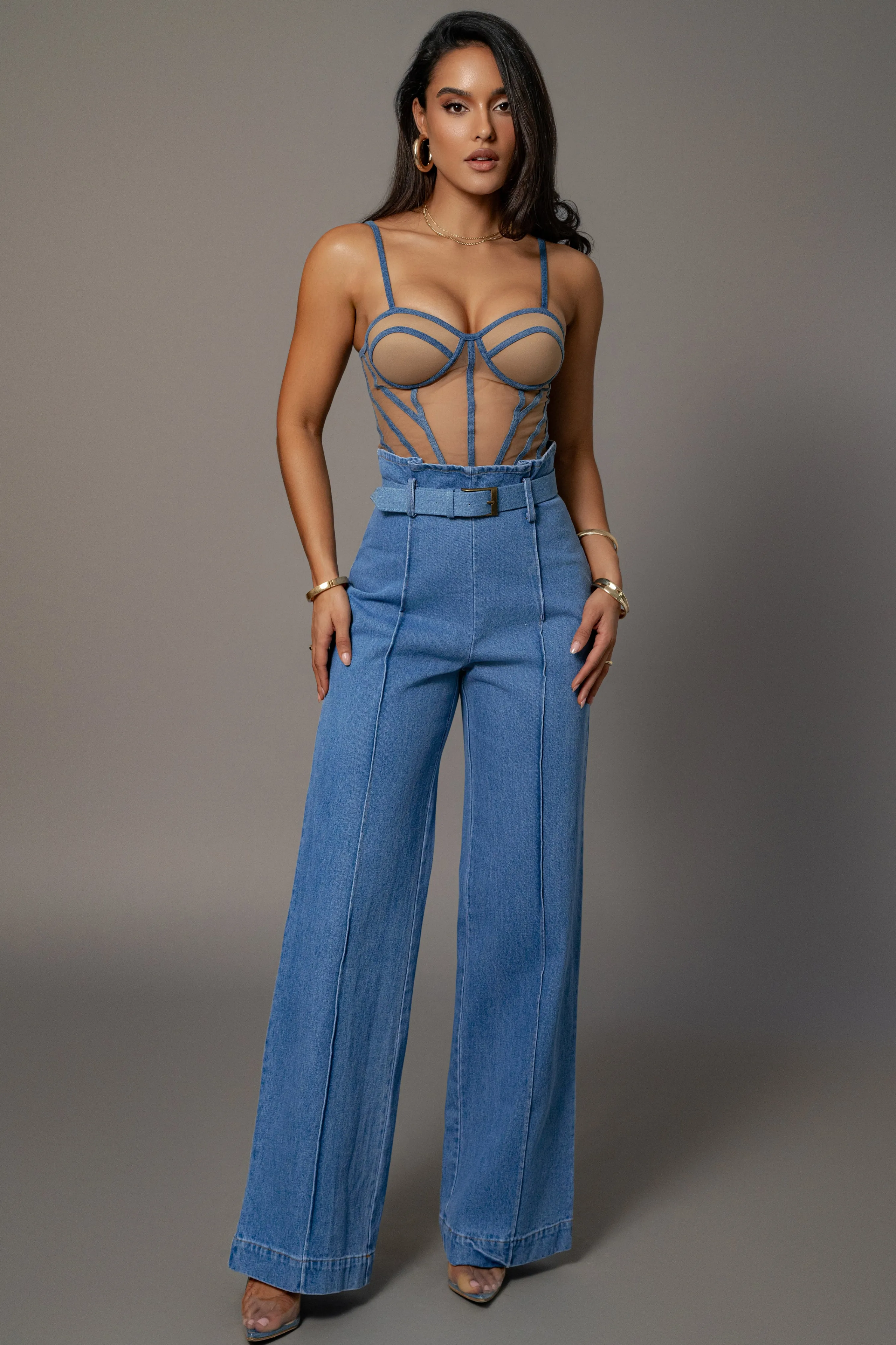 Tan Denim Illusion Mesh Bustier