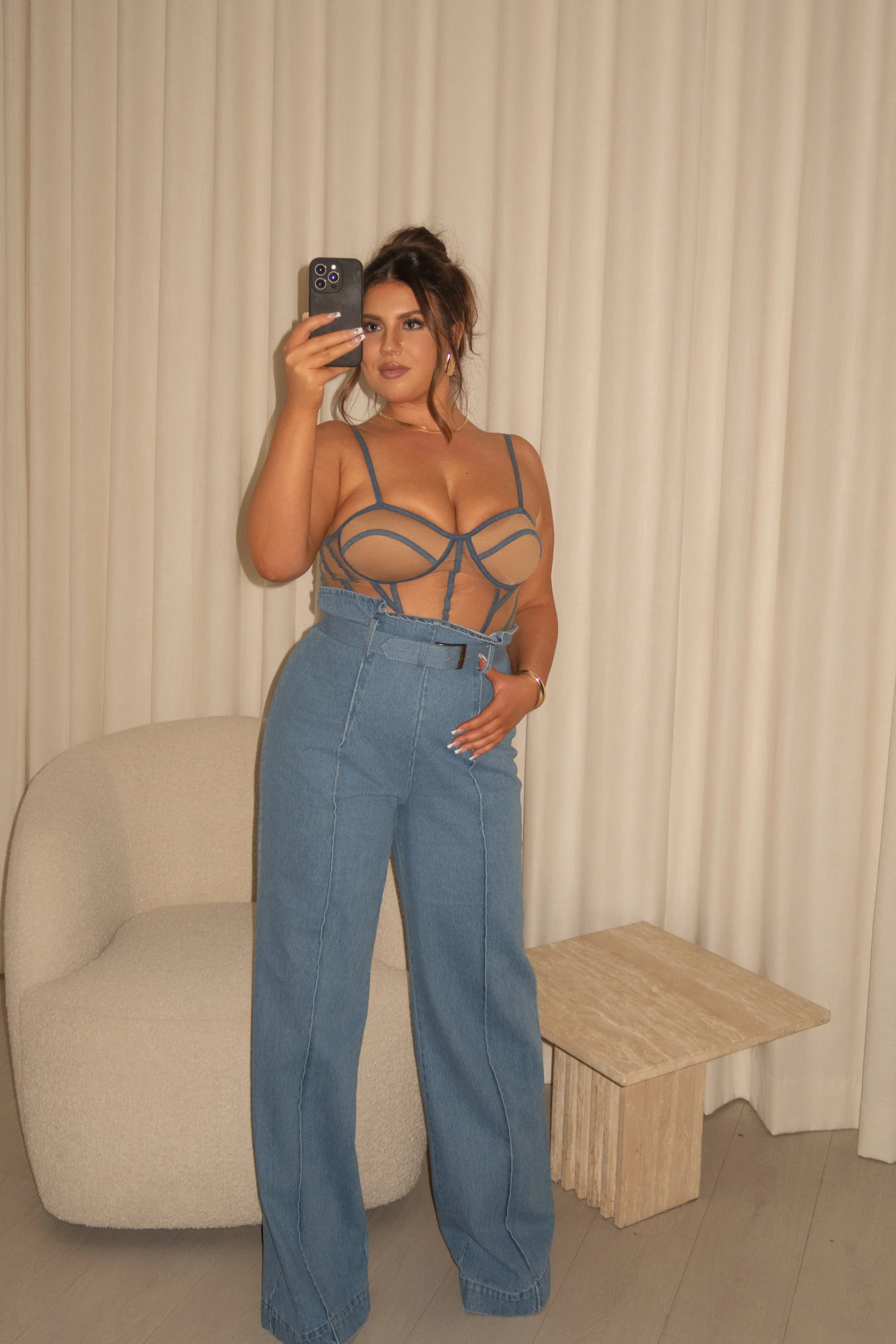 Tan Denim Illusion Mesh Bustier