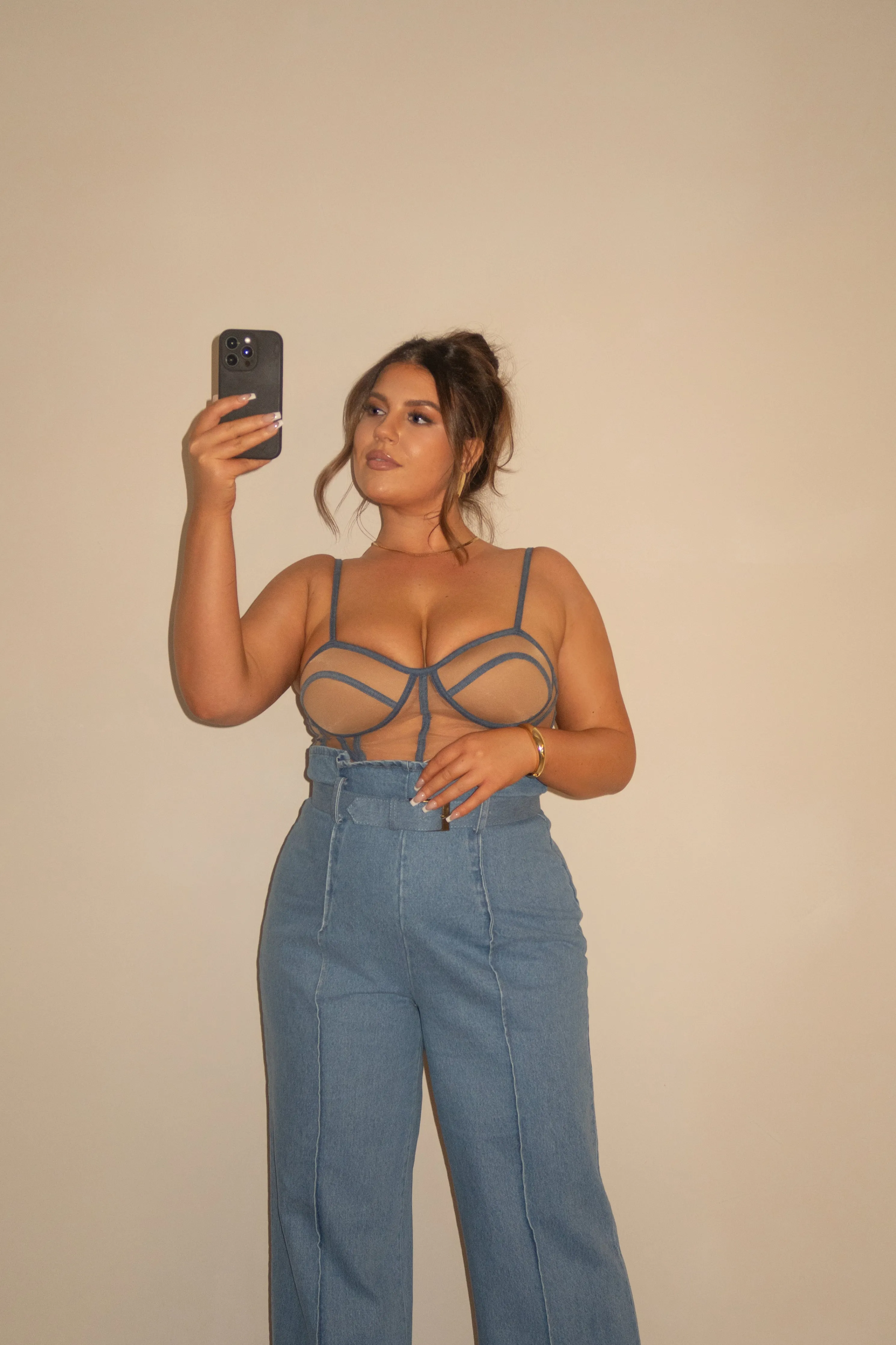Tan Denim Illusion Mesh Bustier
