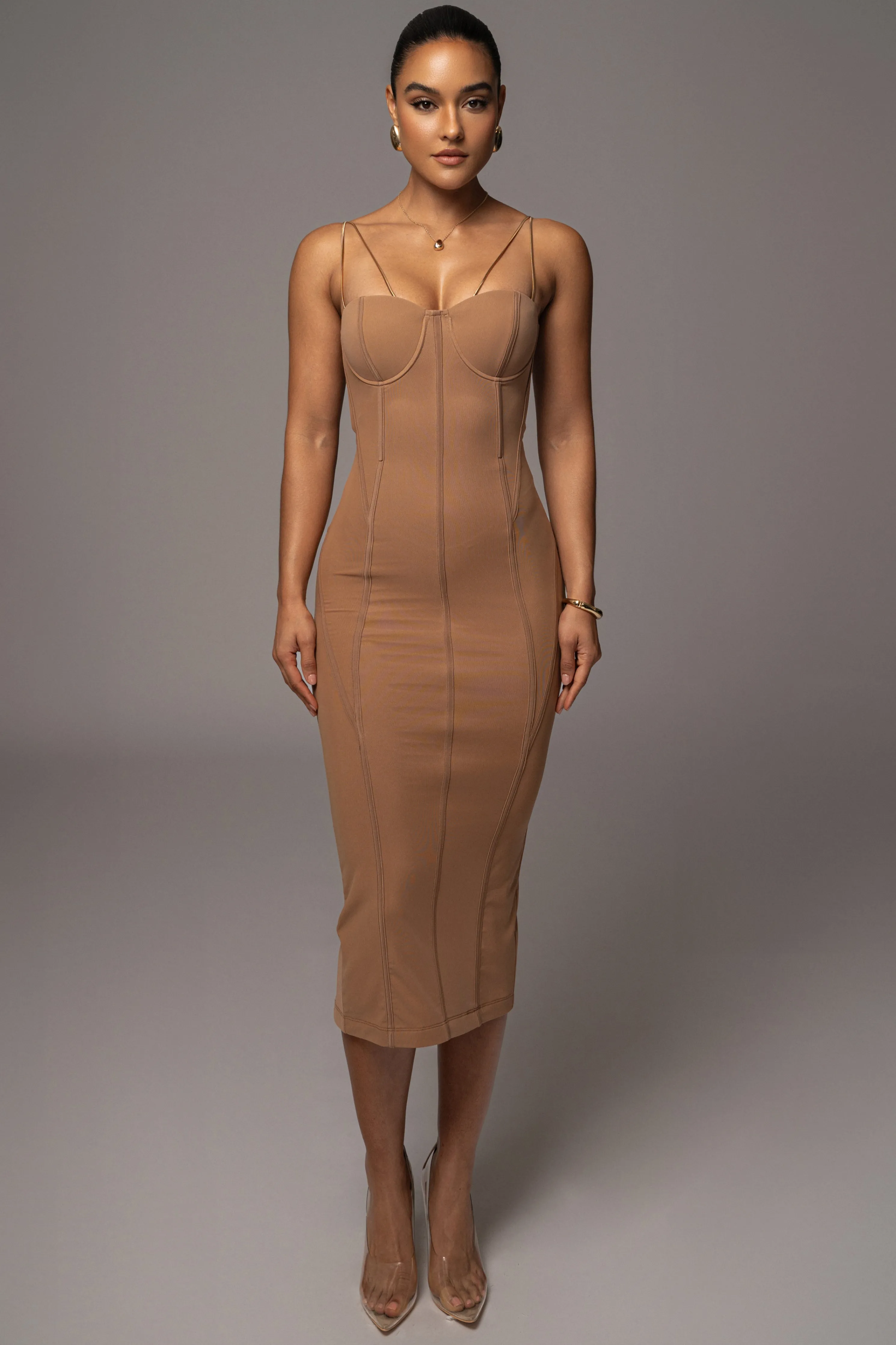 Tan Escape Mesh Midi Dress