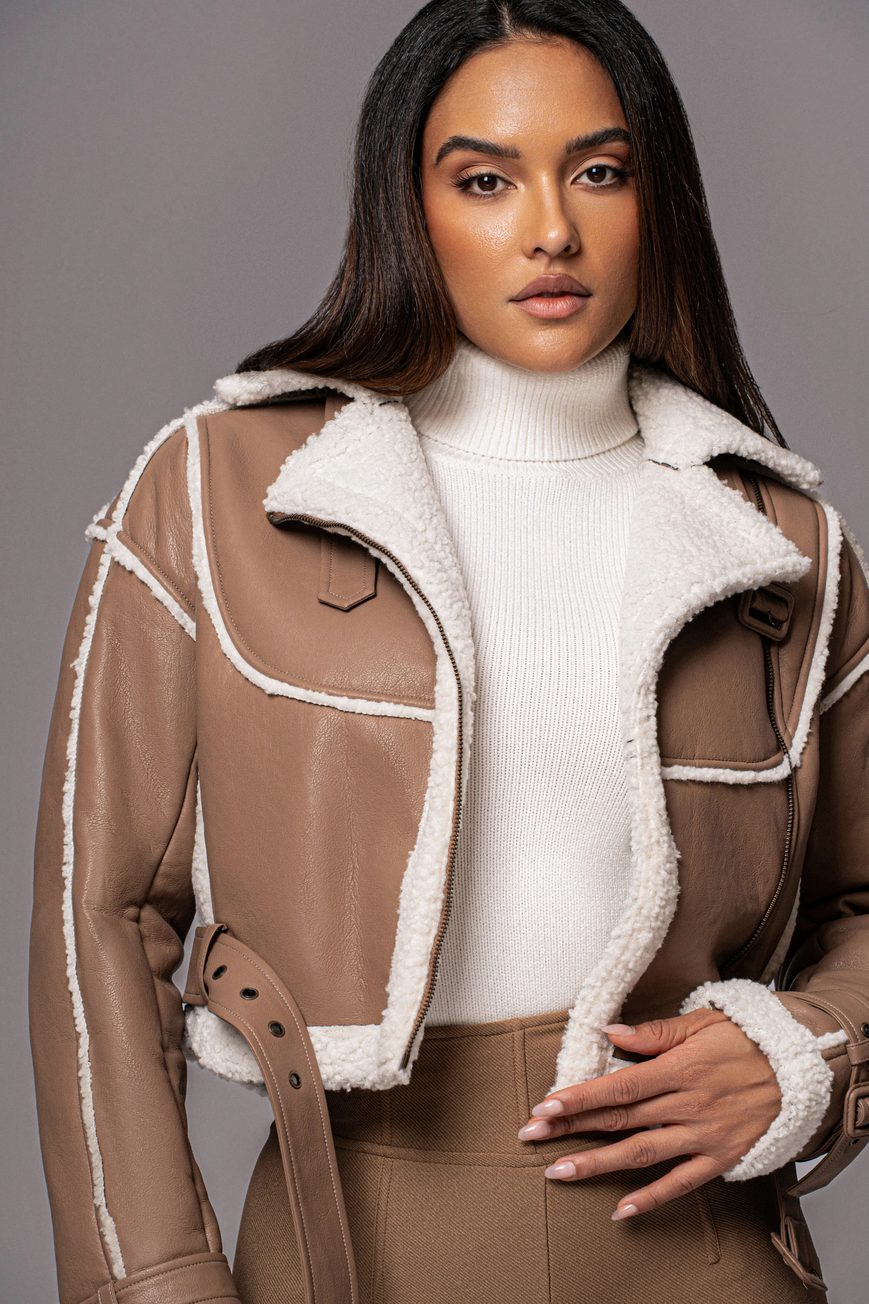 Tan Faux Leather Sherpa Jacket