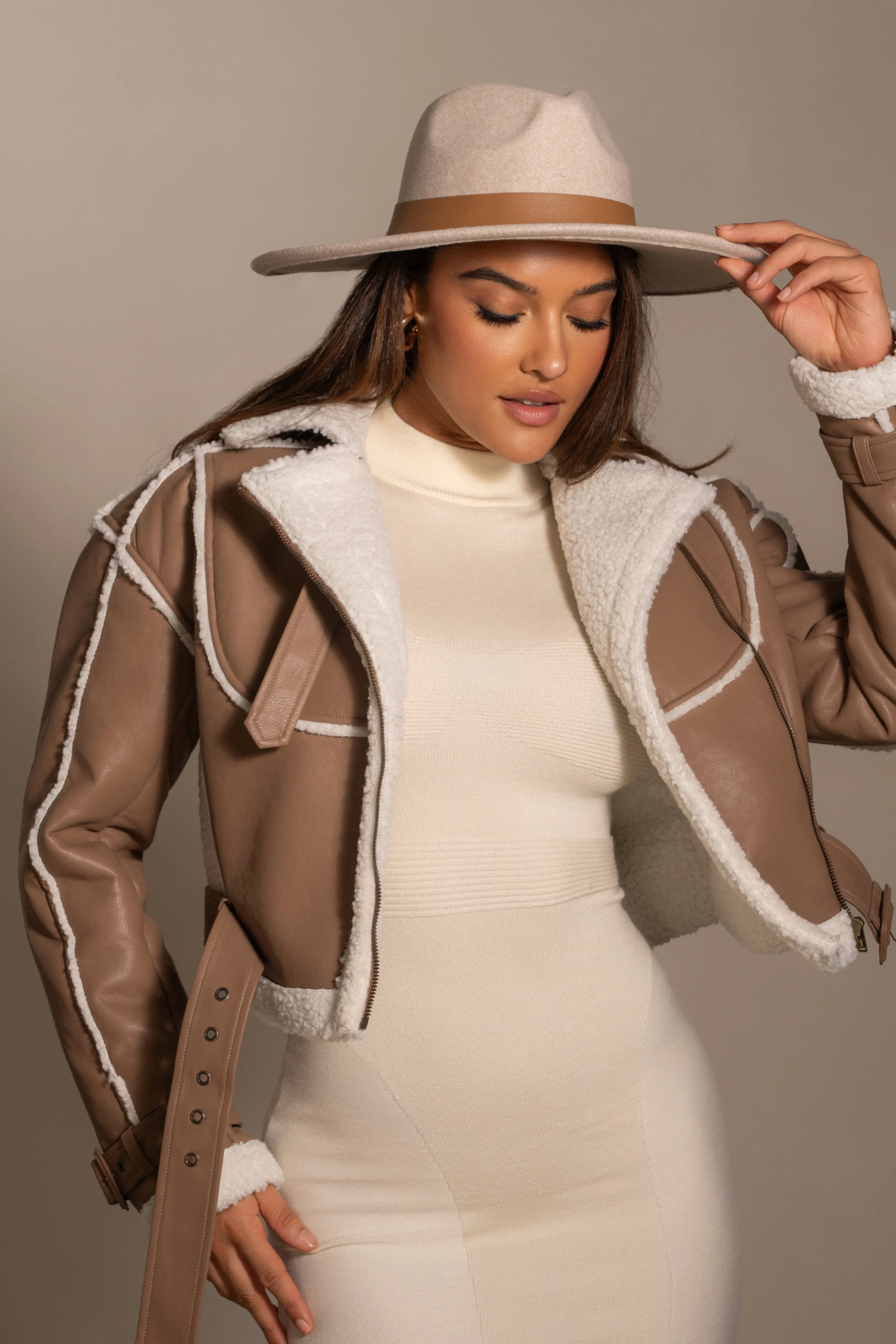 Tan Faux Leather Sherpa Jacket