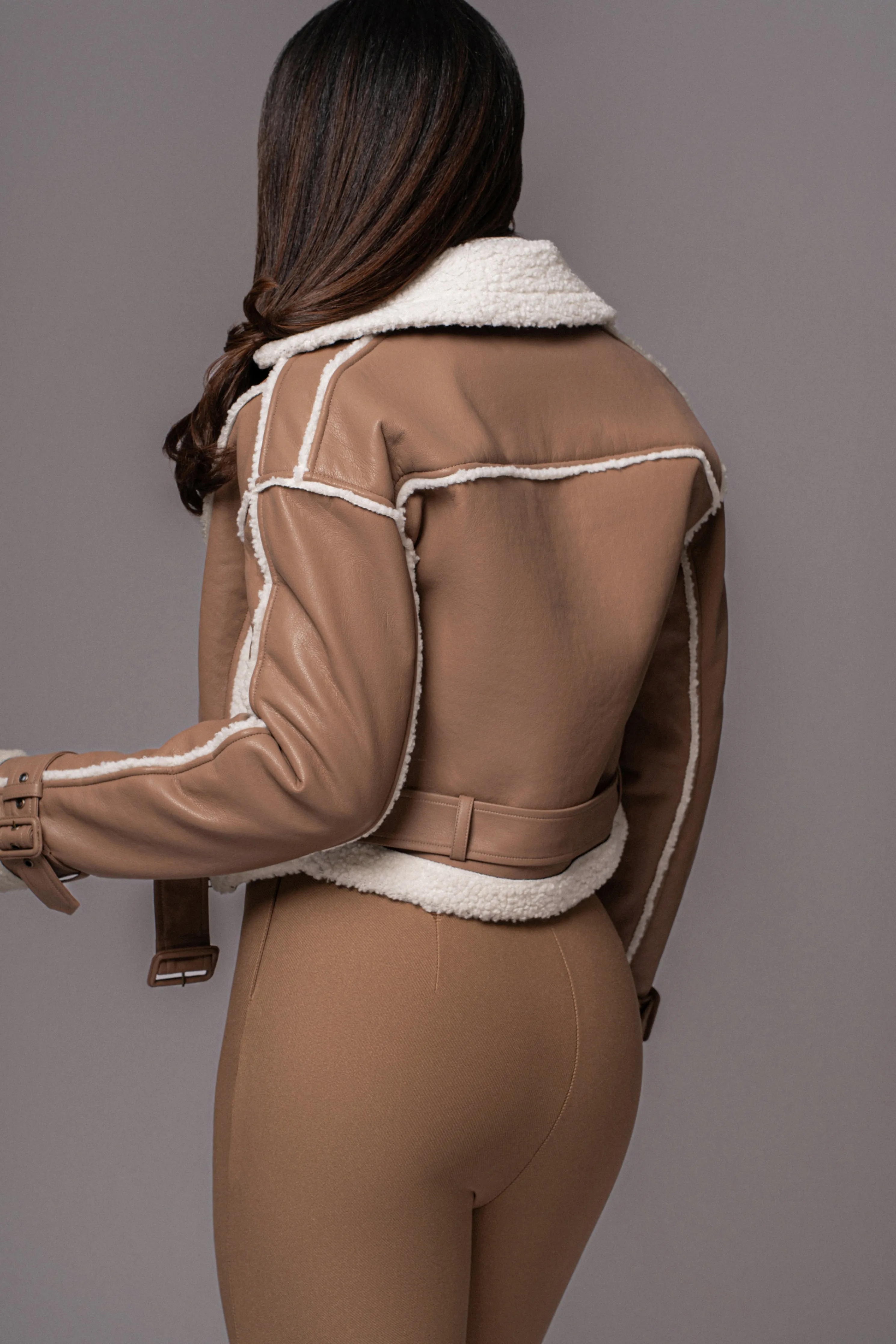 Tan Faux Leather Sherpa Jacket