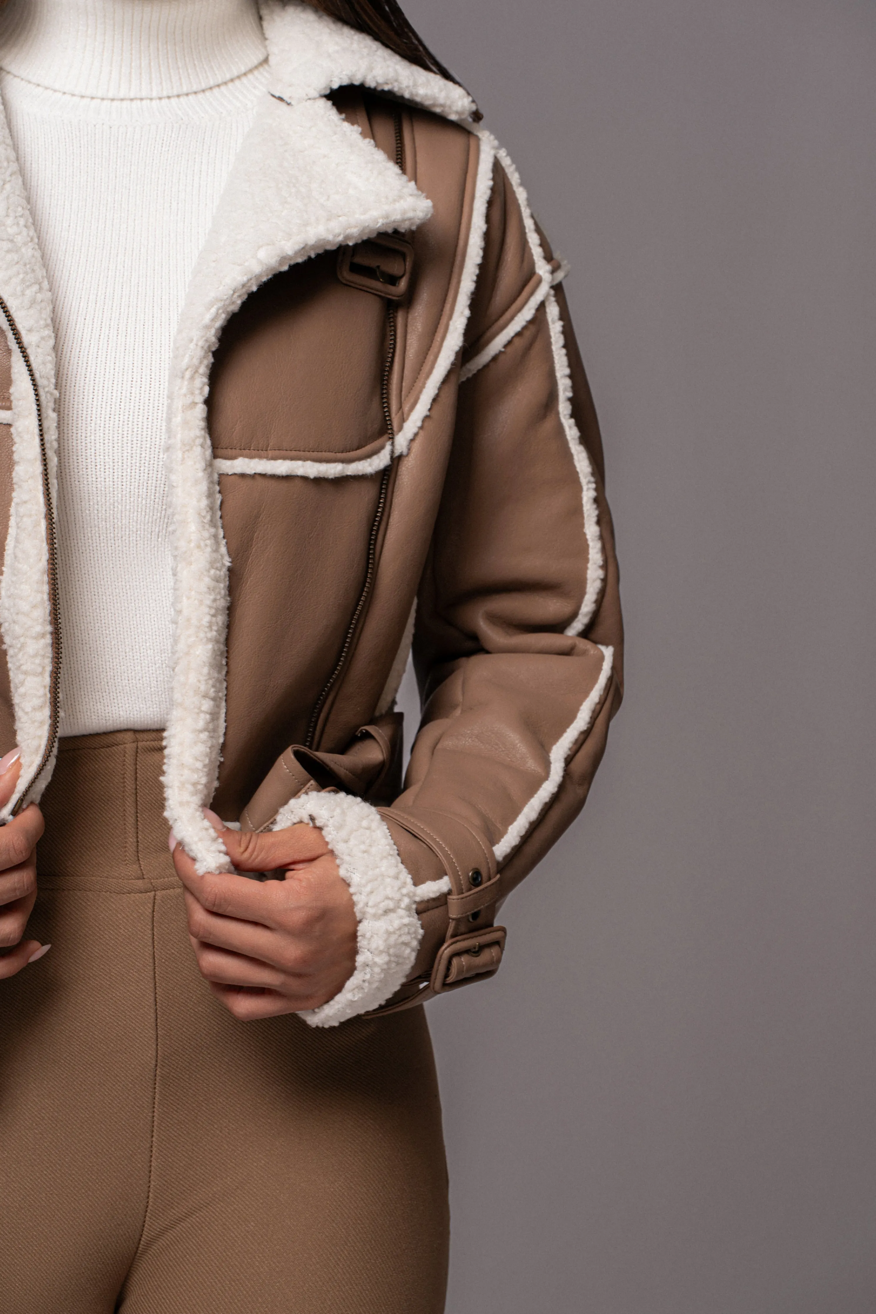 Tan Faux Leather Sherpa Jacket
