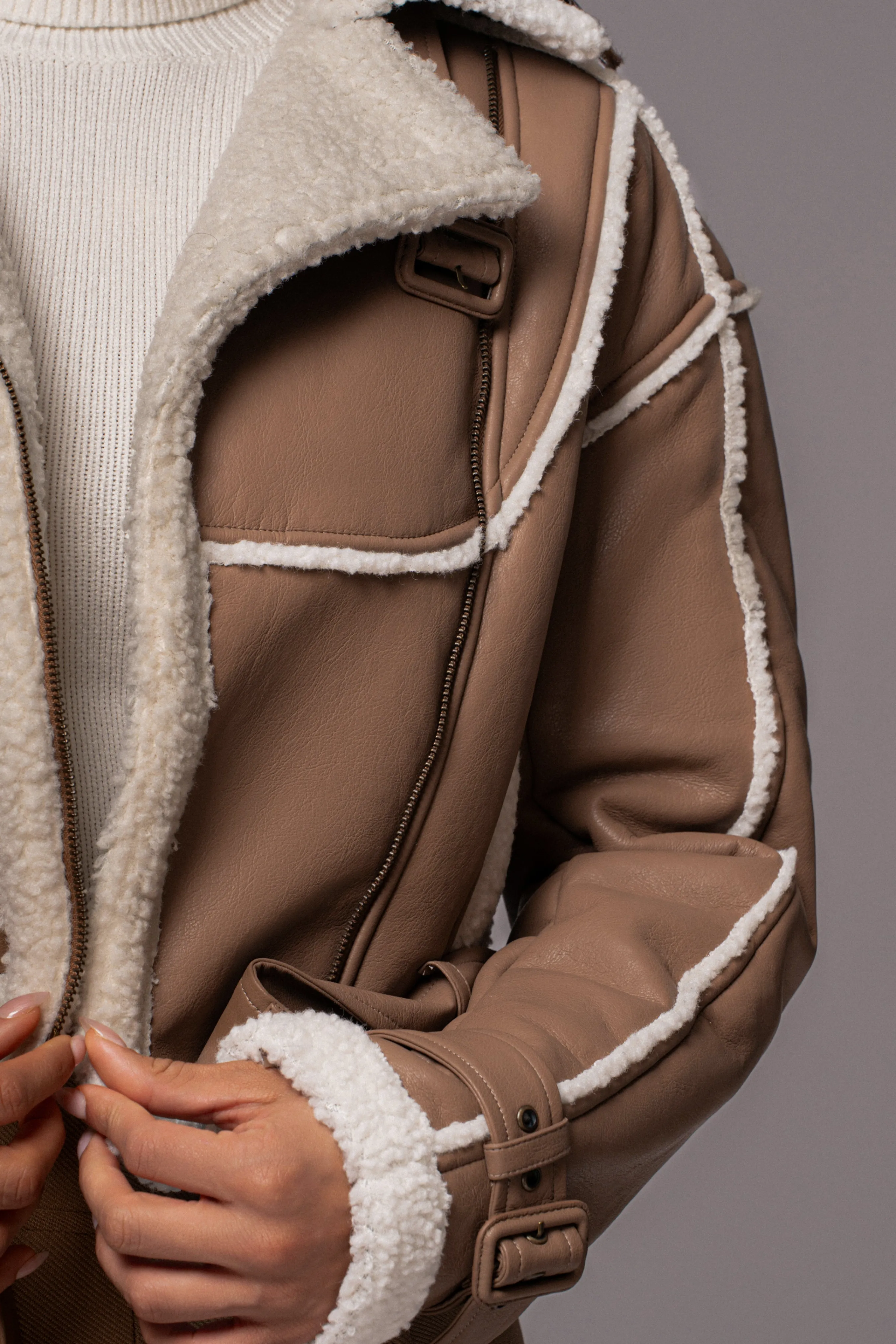 Tan Faux Leather Sherpa Jacket