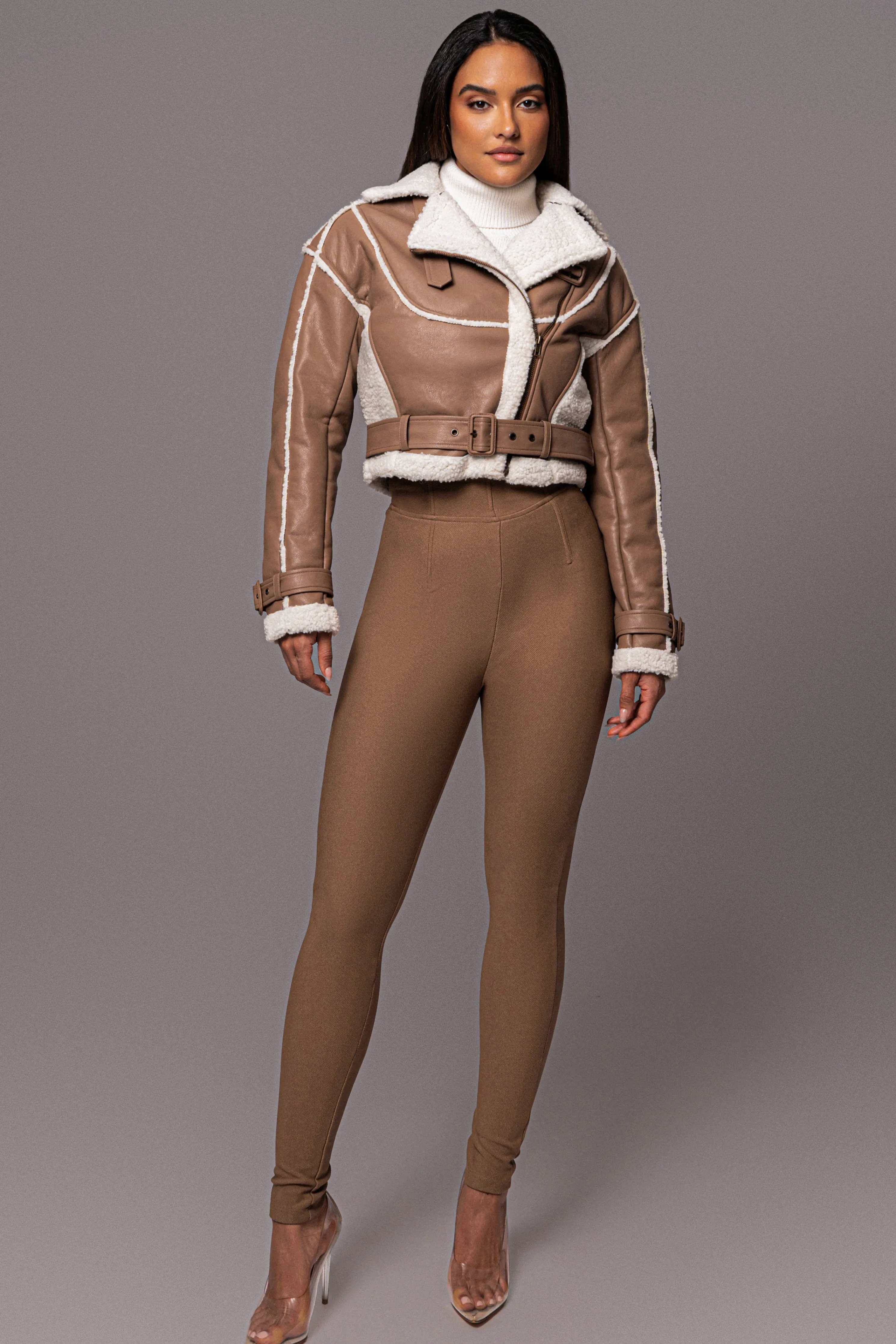 Tan Faux Leather Sherpa Jacket