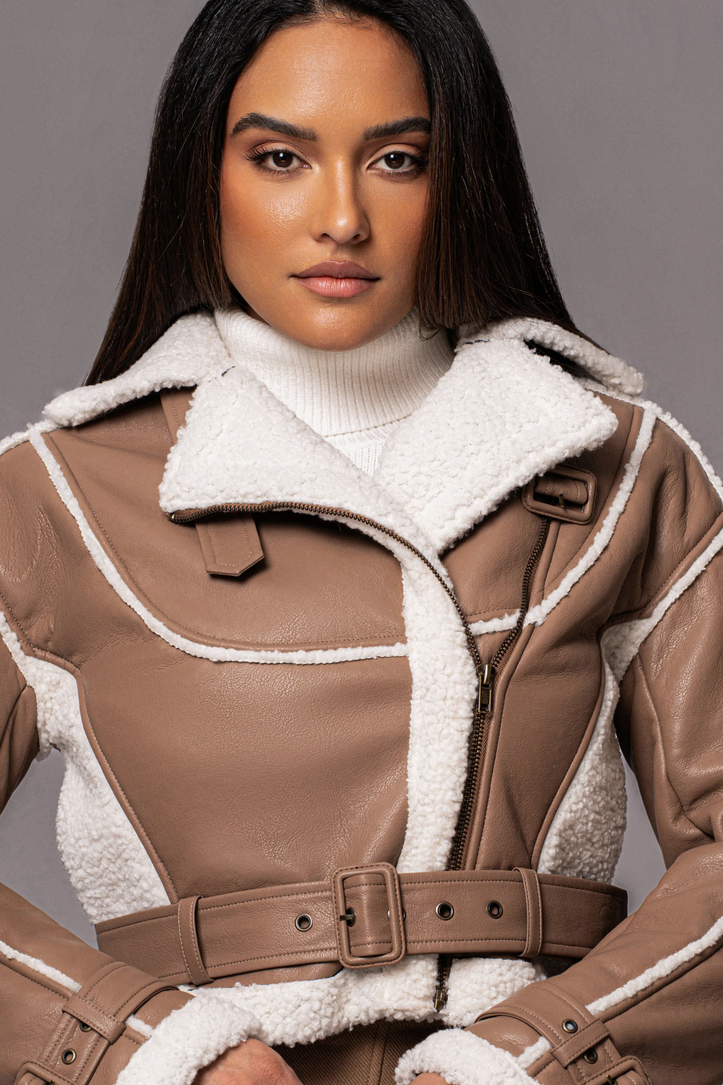 Tan Faux Leather Sherpa Jacket