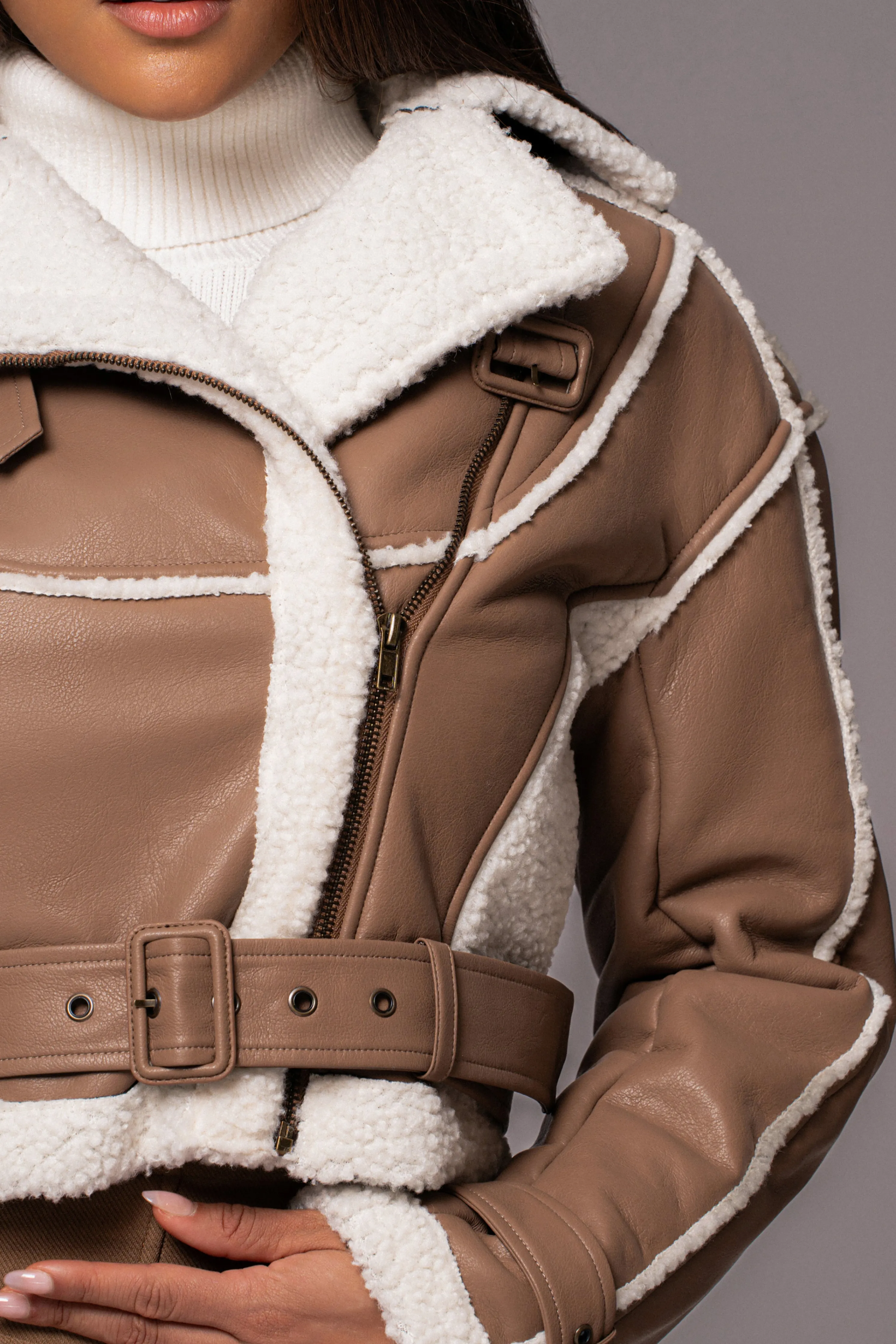 Tan Faux Leather Sherpa Jacket