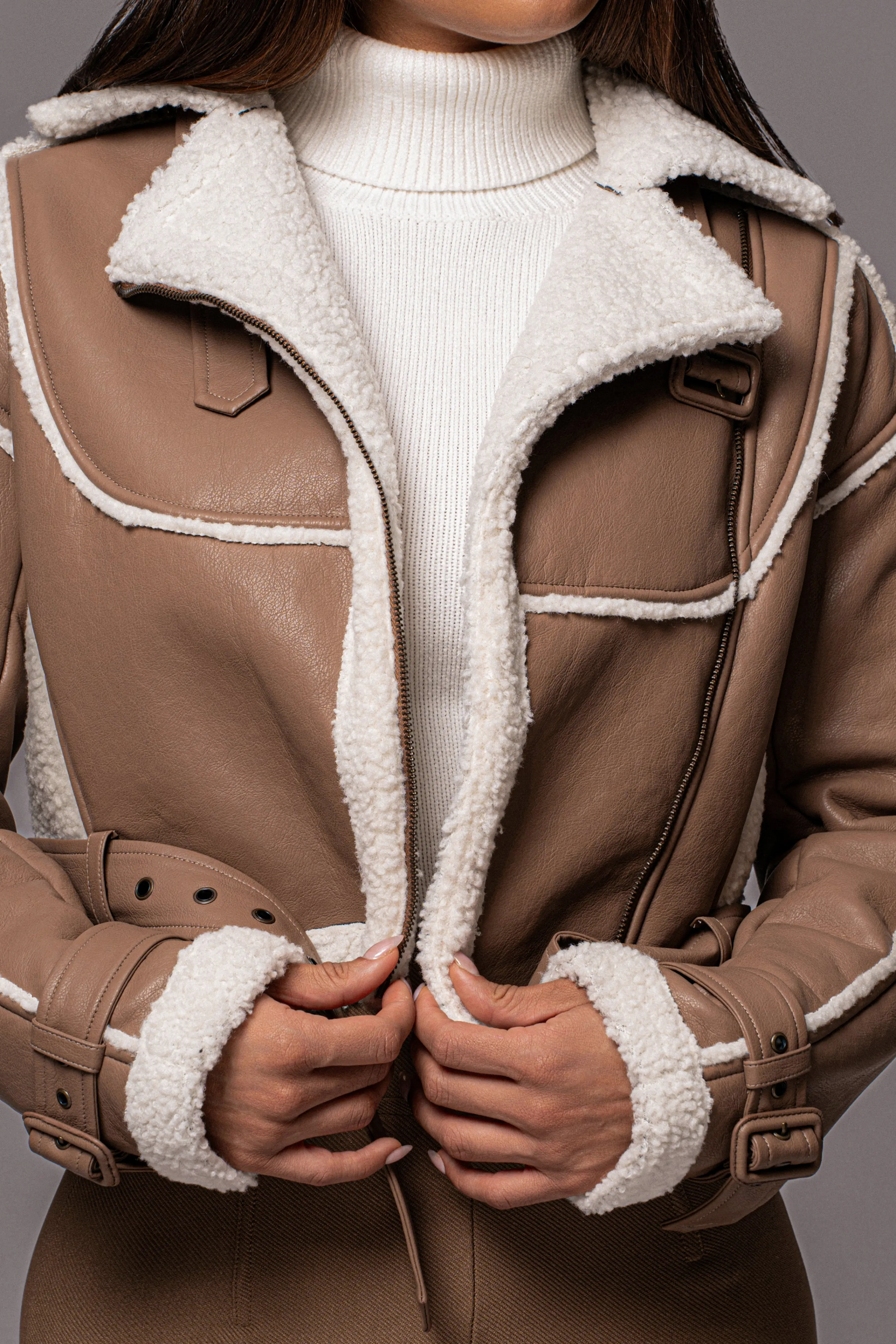 Tan Faux Leather Sherpa Jacket