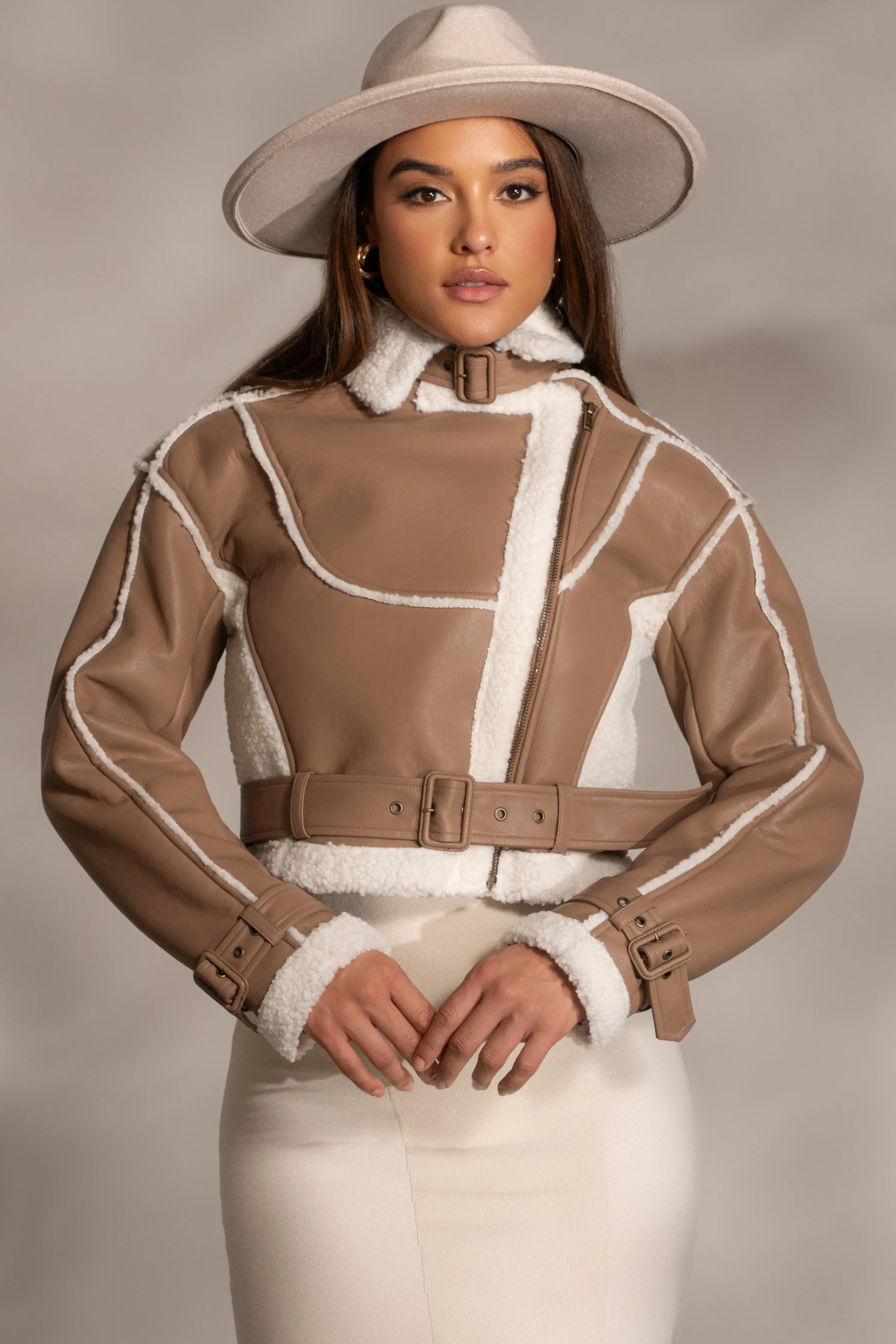 Tan Faux Leather Sherpa Jacket