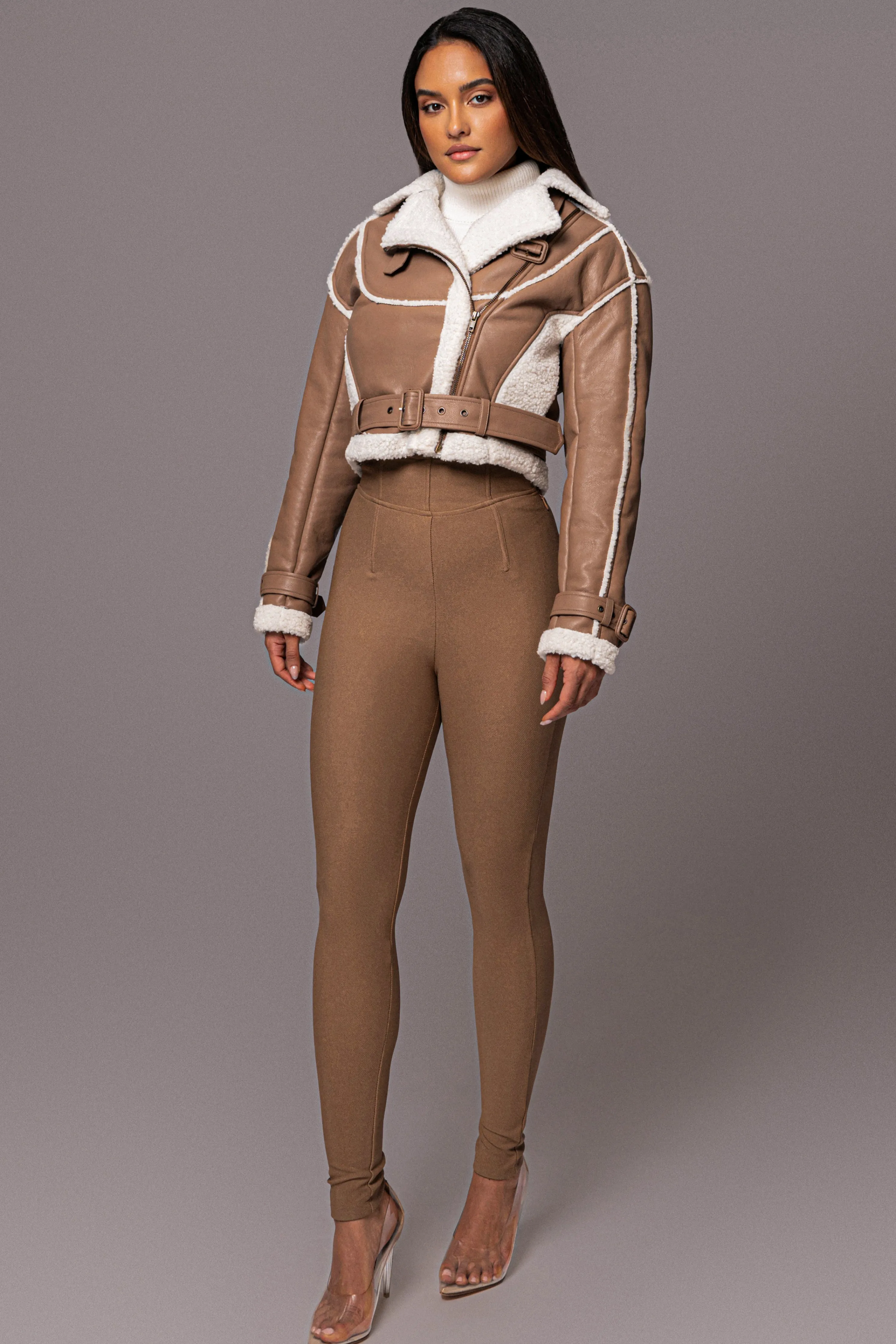 Tan Faux Leather Sherpa Jacket