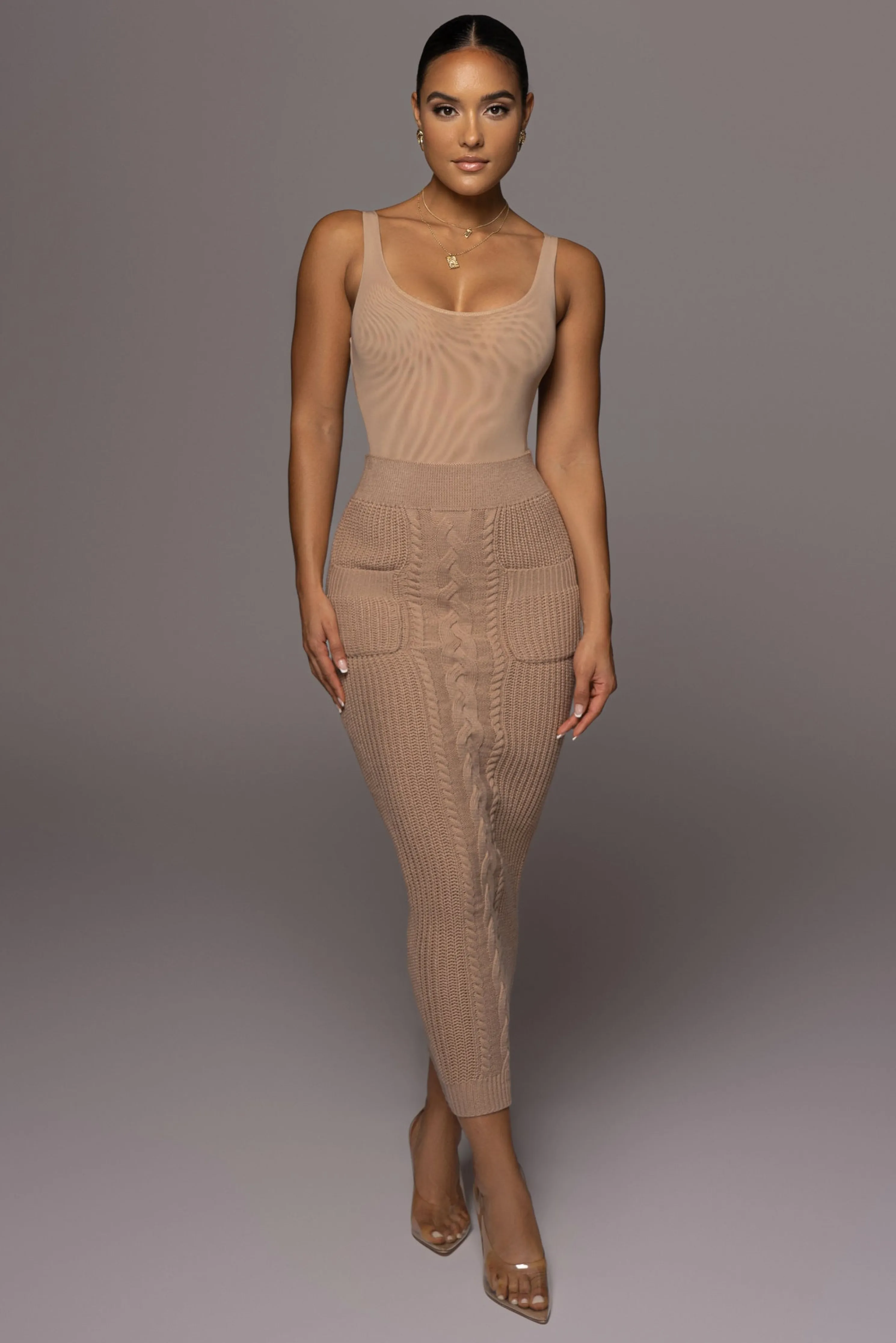 Tan Missy Cable Sweater Midi Skirt