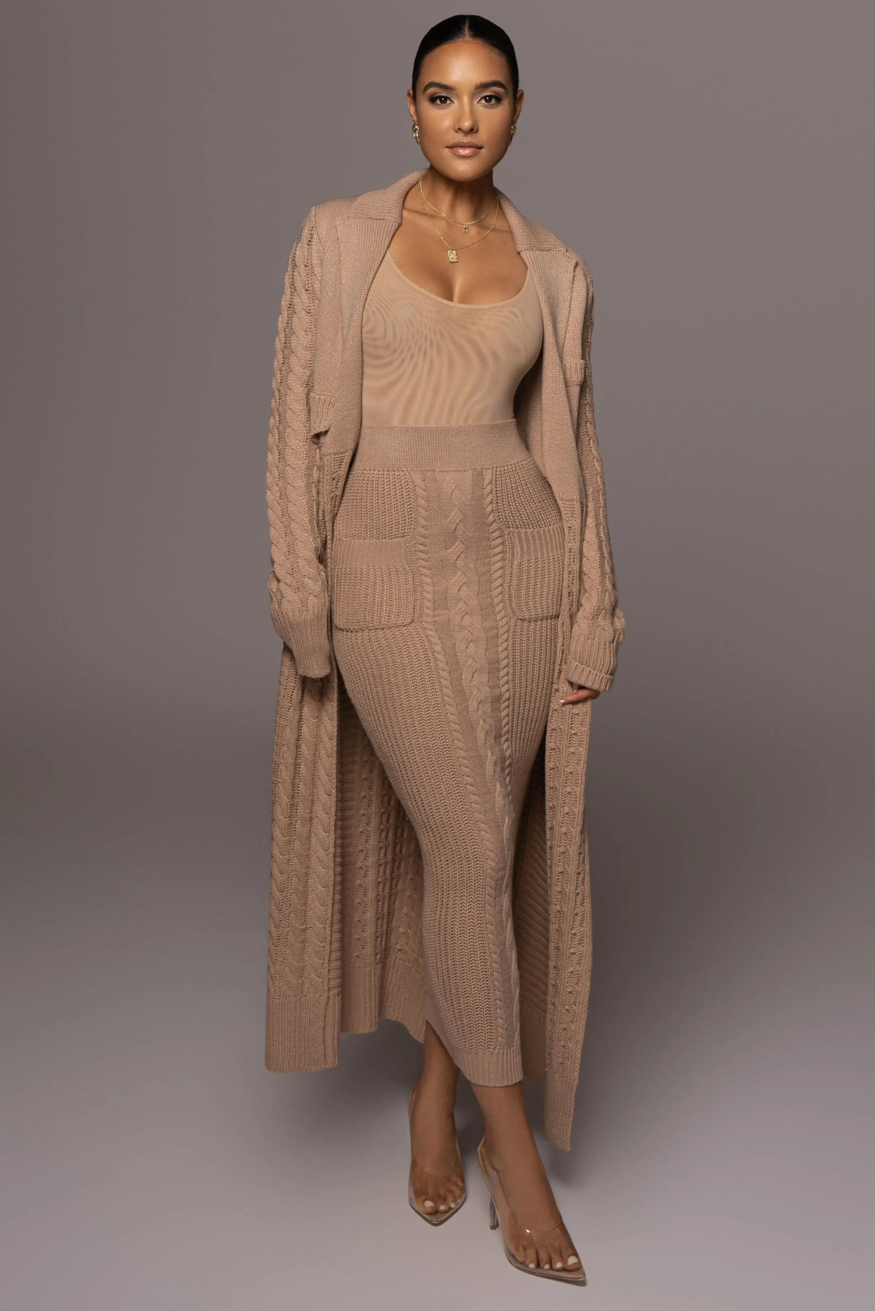 Tan Missy Cable Sweater Midi Skirt