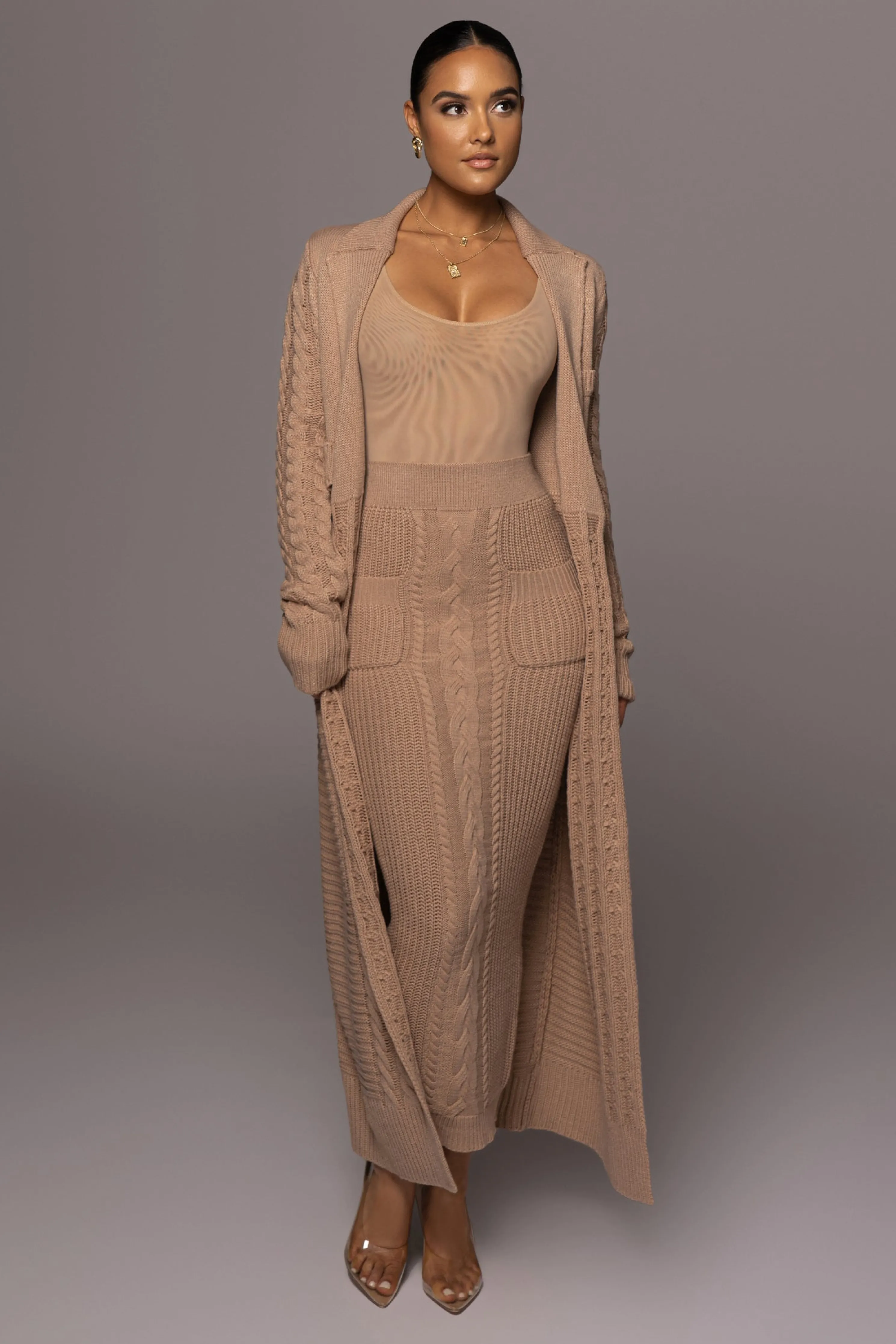 Tan Missy Cable Sweater Midi Skirt