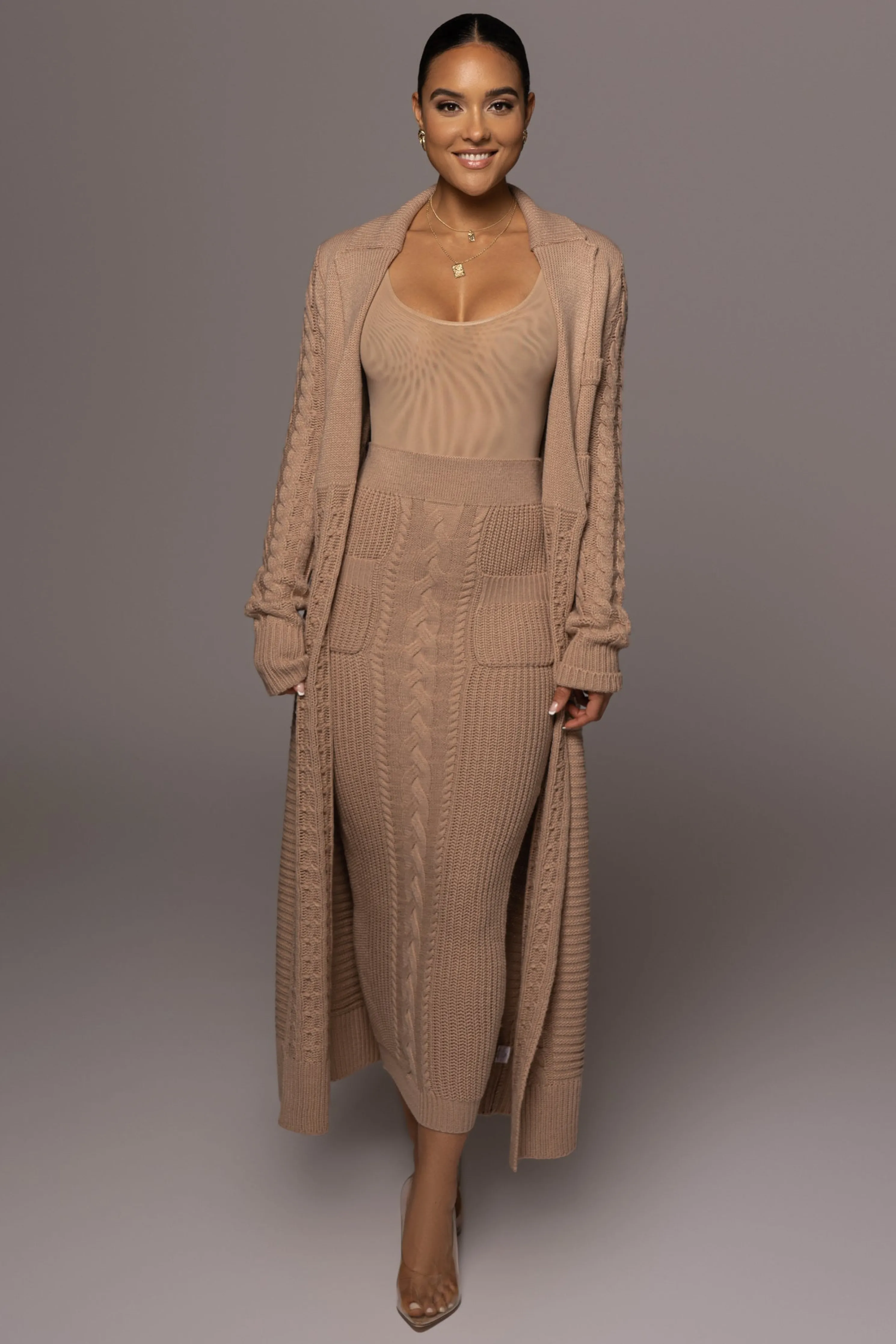 Tan Missy Cable Sweater Midi Skirt