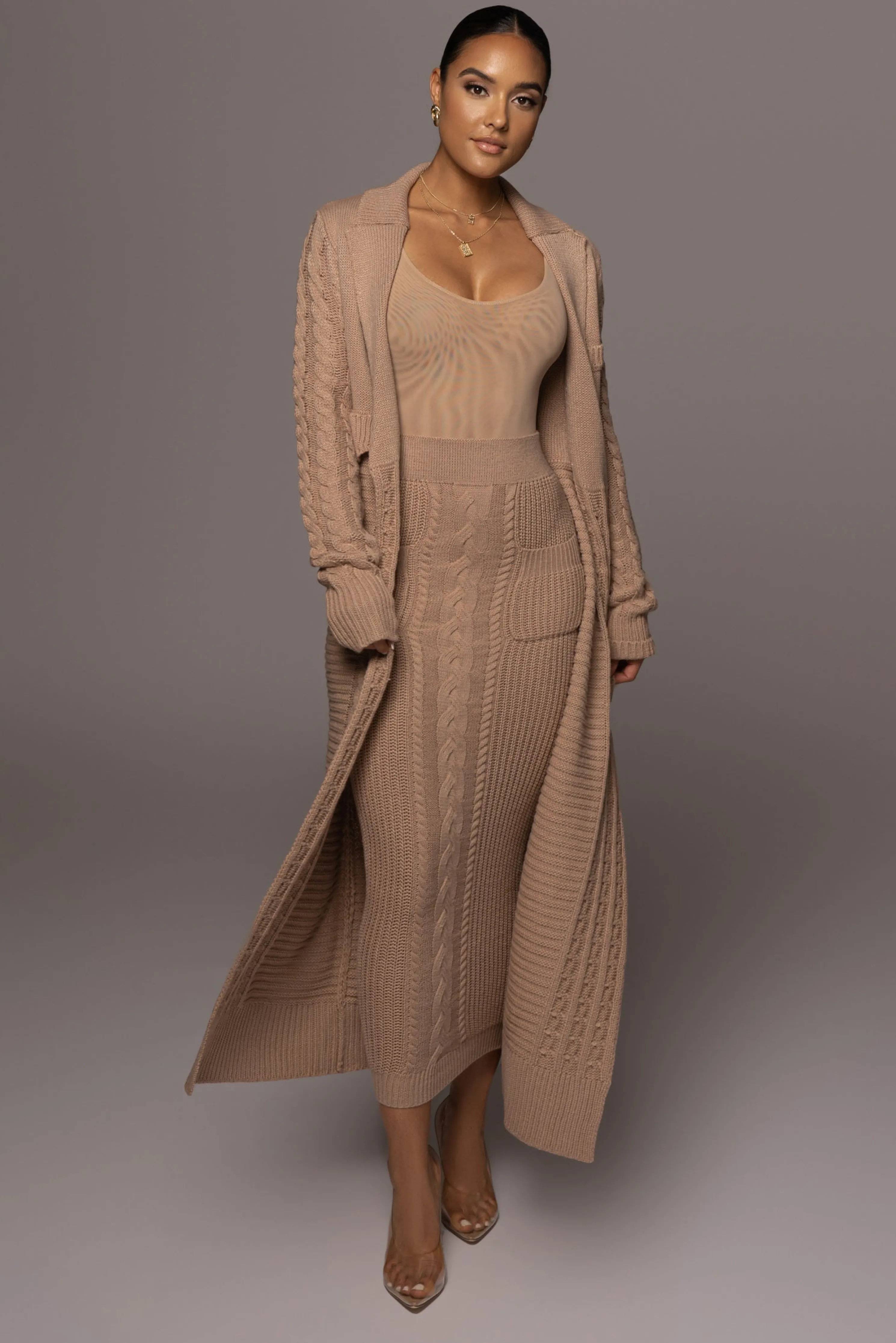 Tan Missy Cable Sweater Midi Skirt