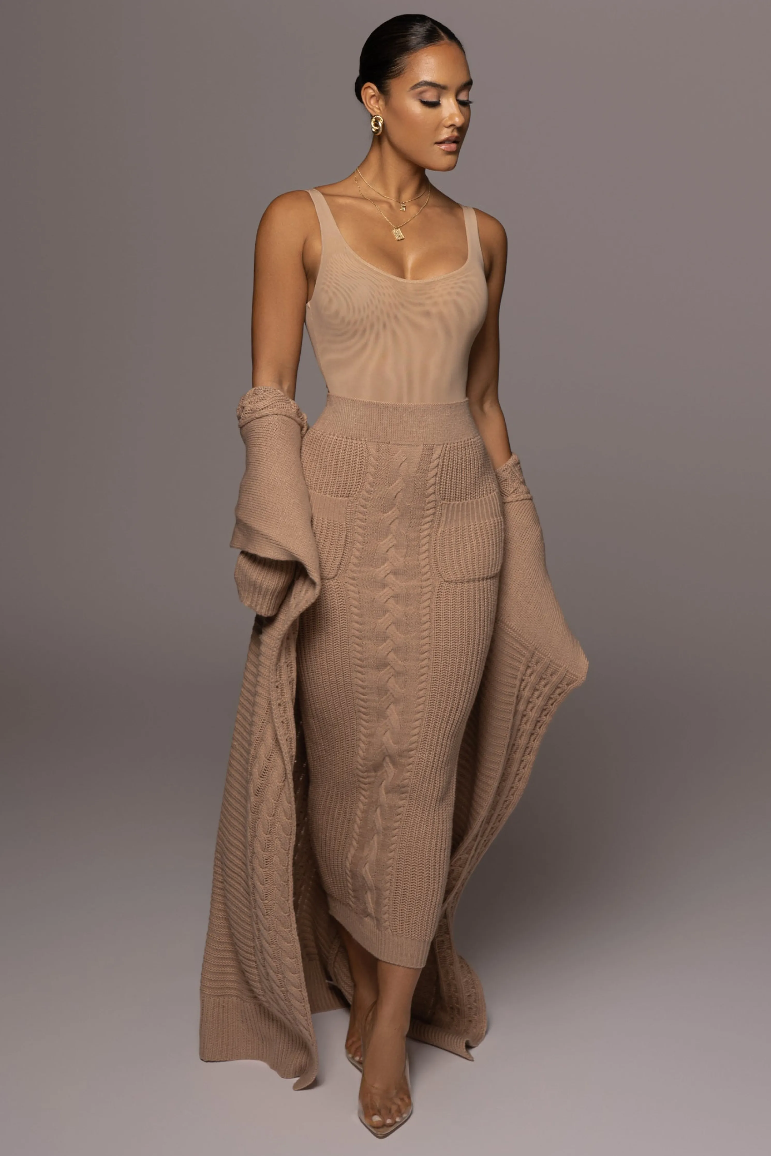Tan Missy Cable Sweater Midi Skirt