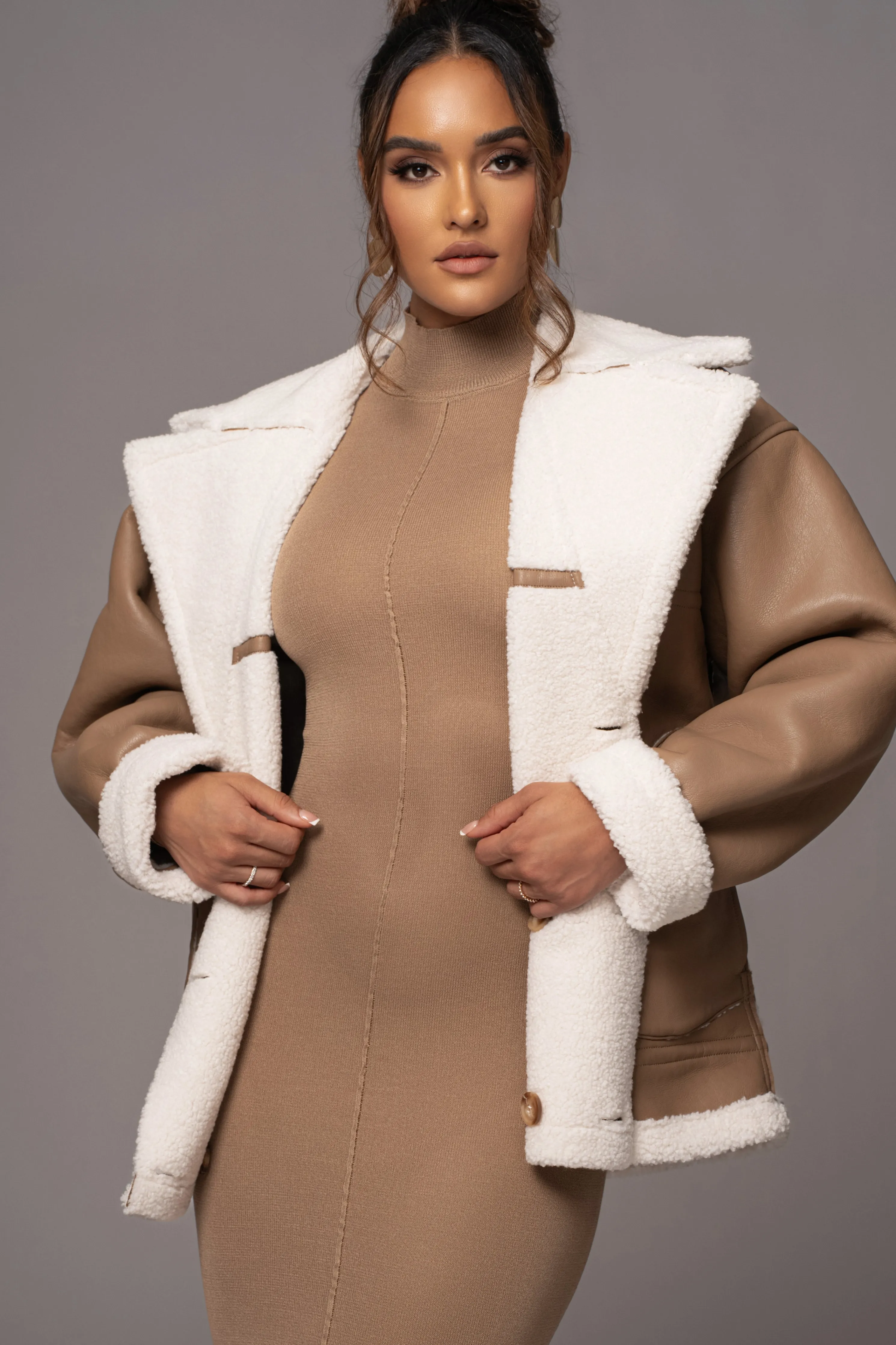 Tan Never Settle Reversible Teddy Jacket