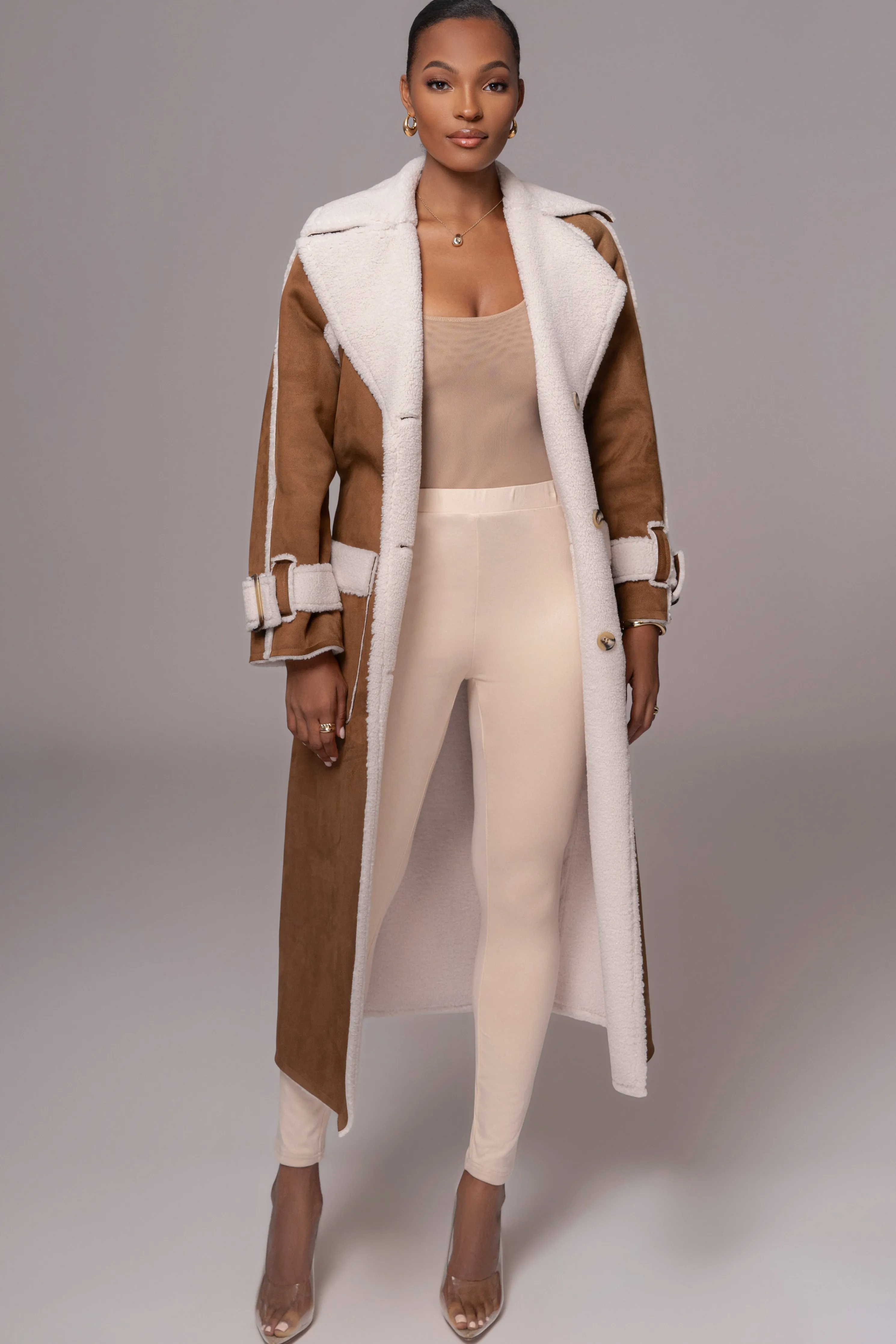 Tan Suede And Sherpa Reversible Coat