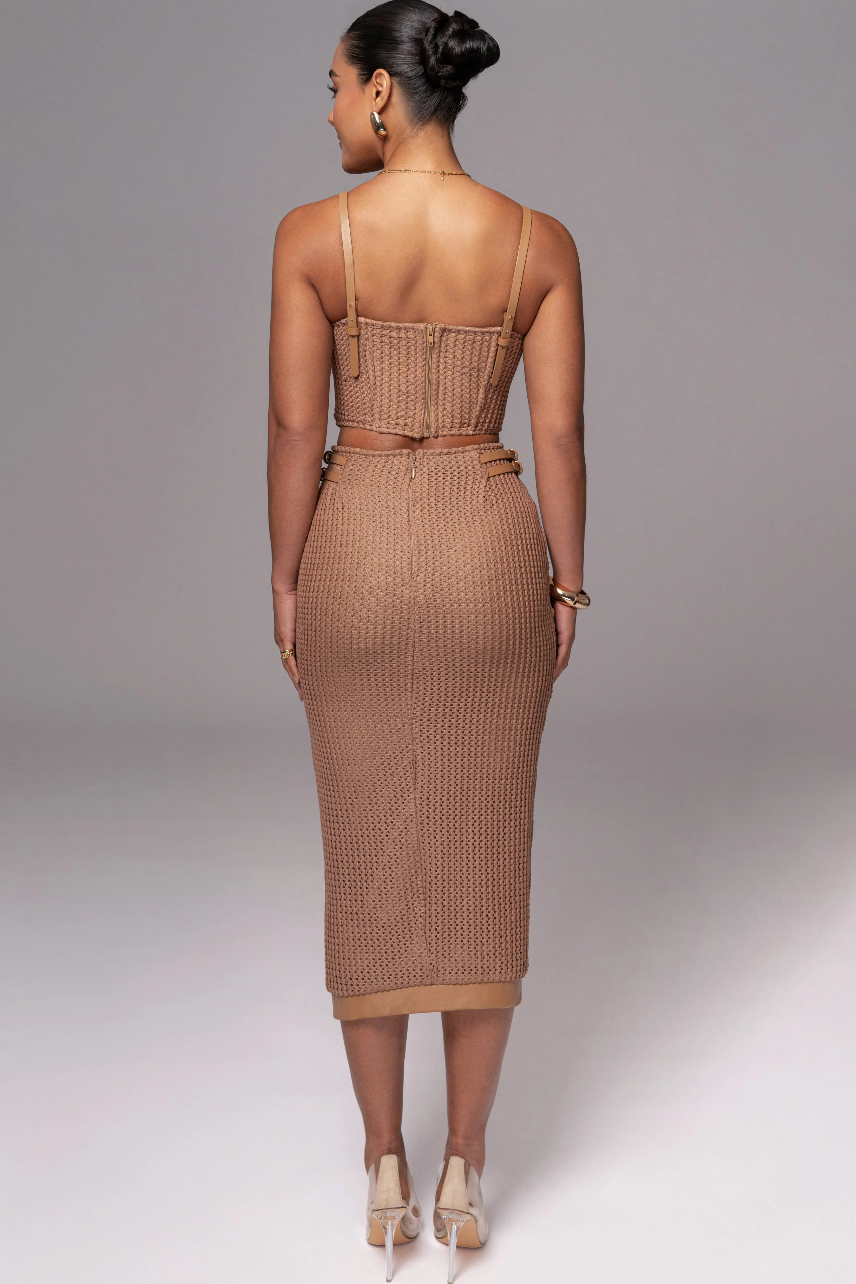 Tan Textured Mystique Midi Skirt