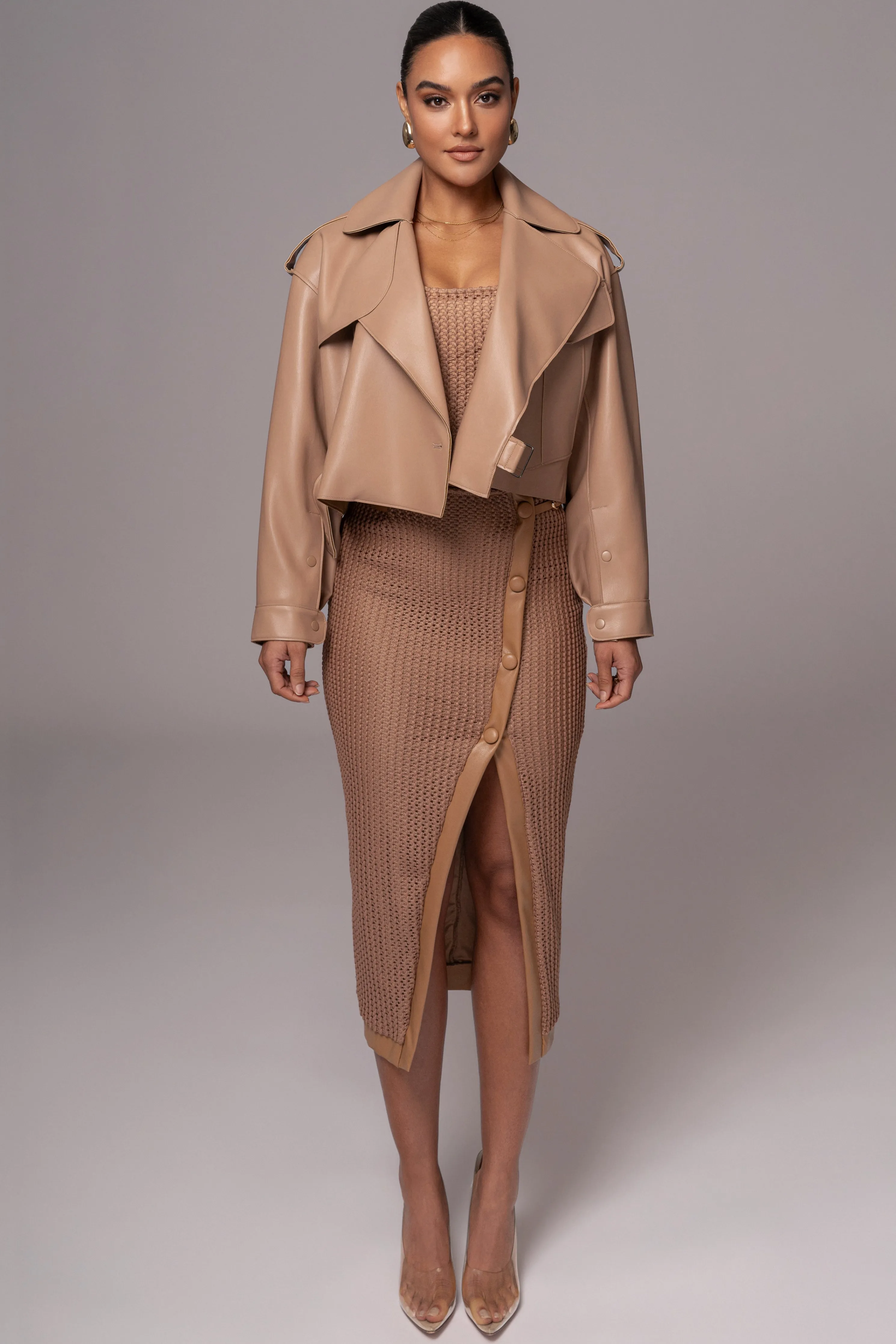 Tan Textured Mystique Midi Skirt