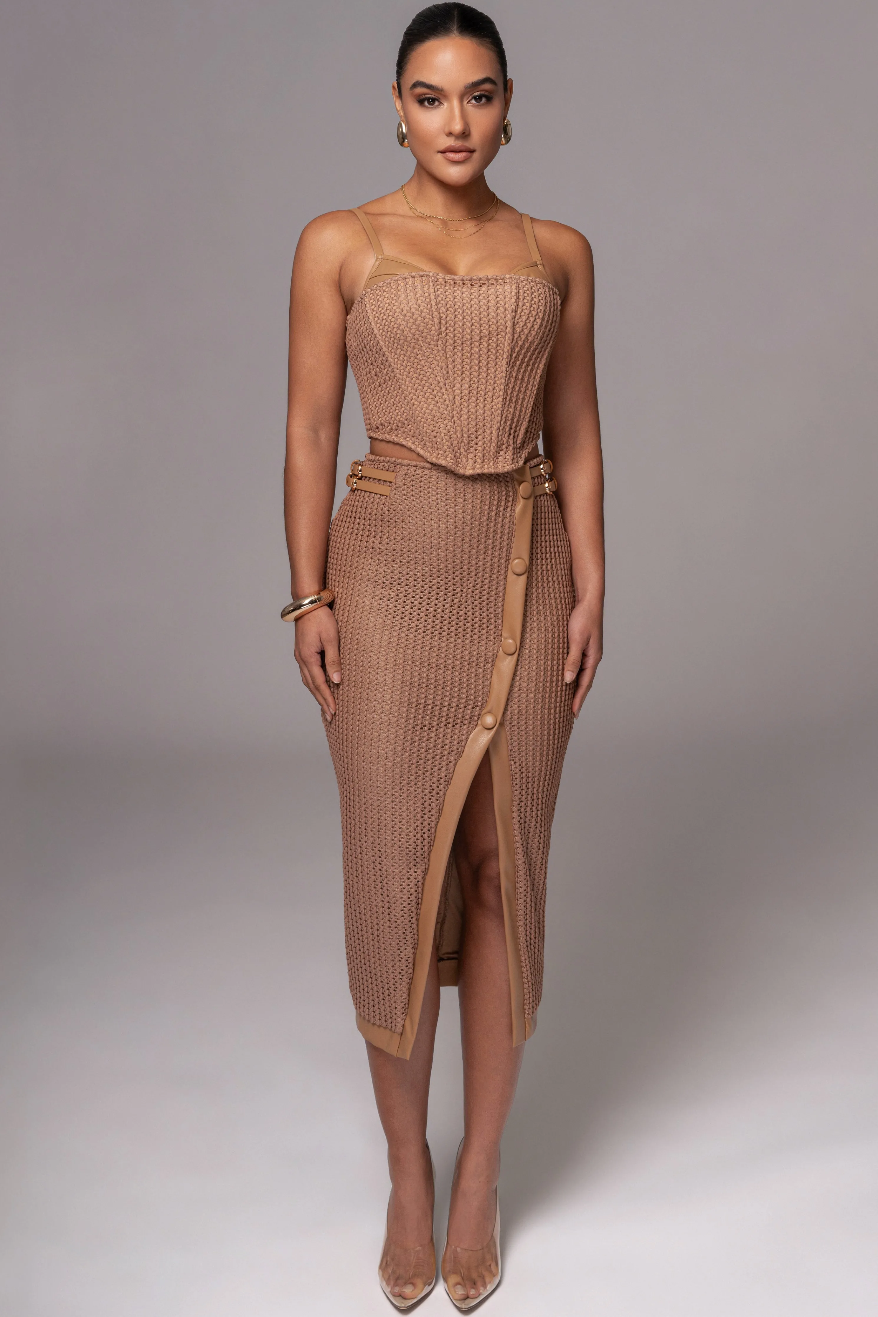Tan Textured Mystique Midi Skirt