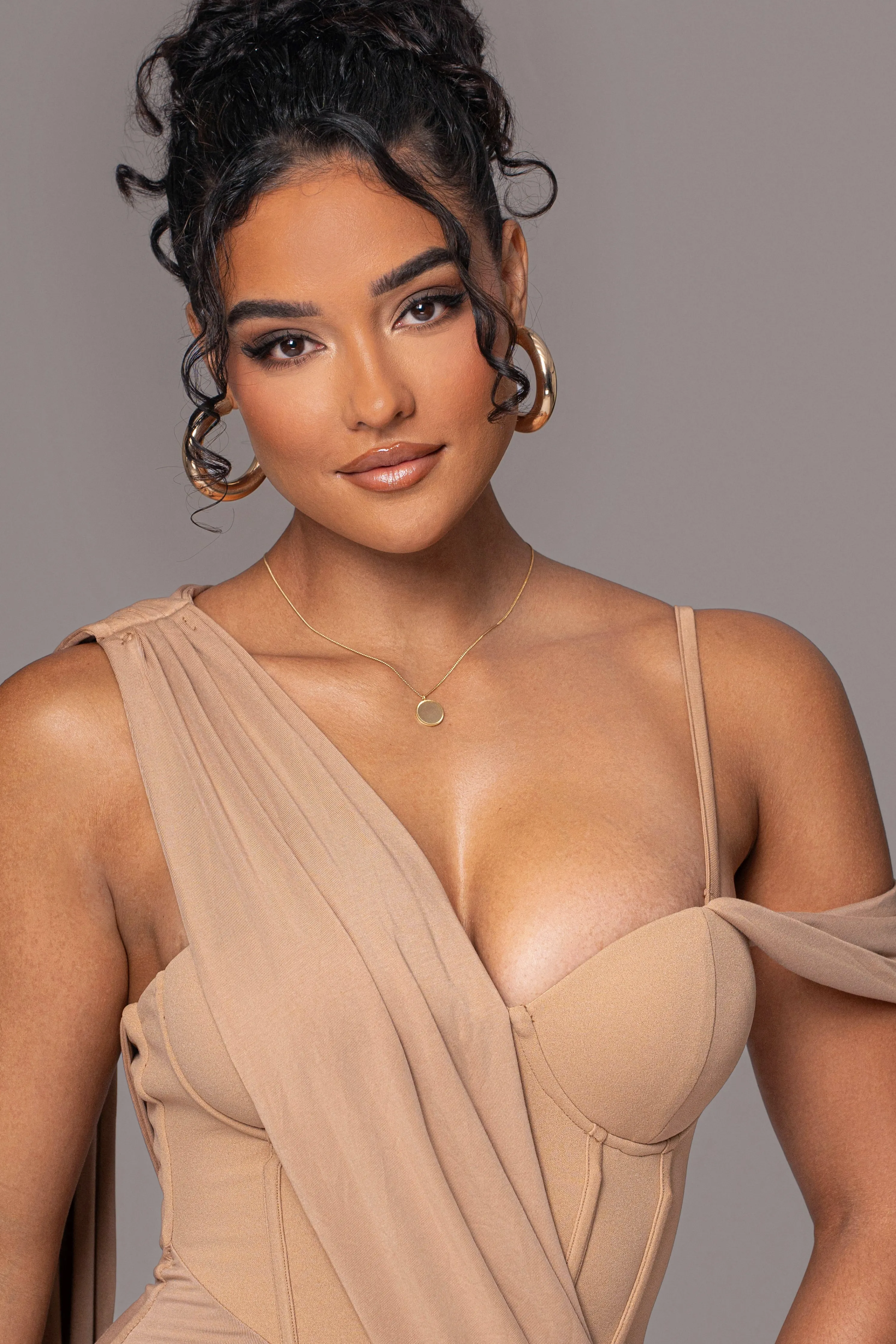 Taupe Grand Entrance Drape Dress