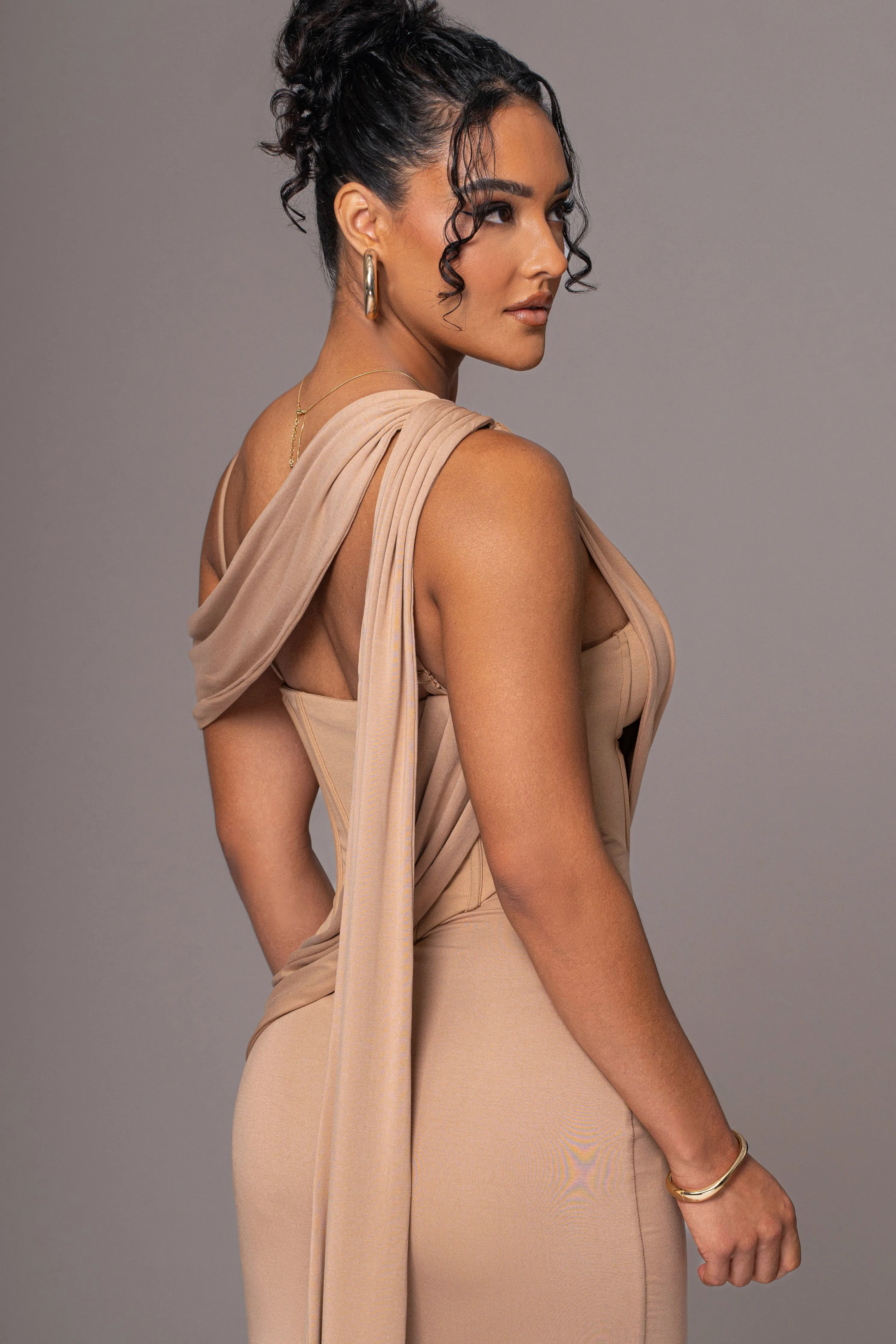 Taupe Grand Entrance Drape Dress