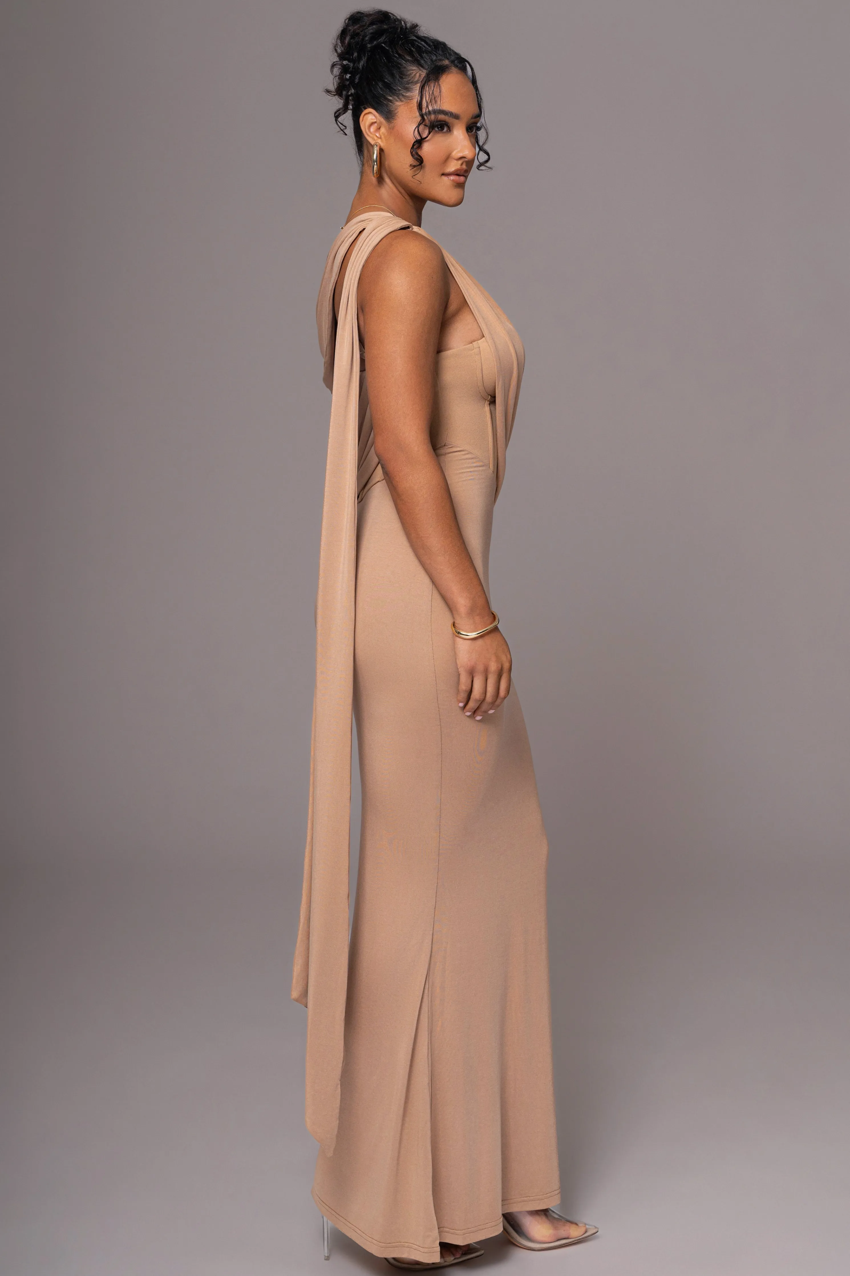 Taupe Grand Entrance Drape Dress