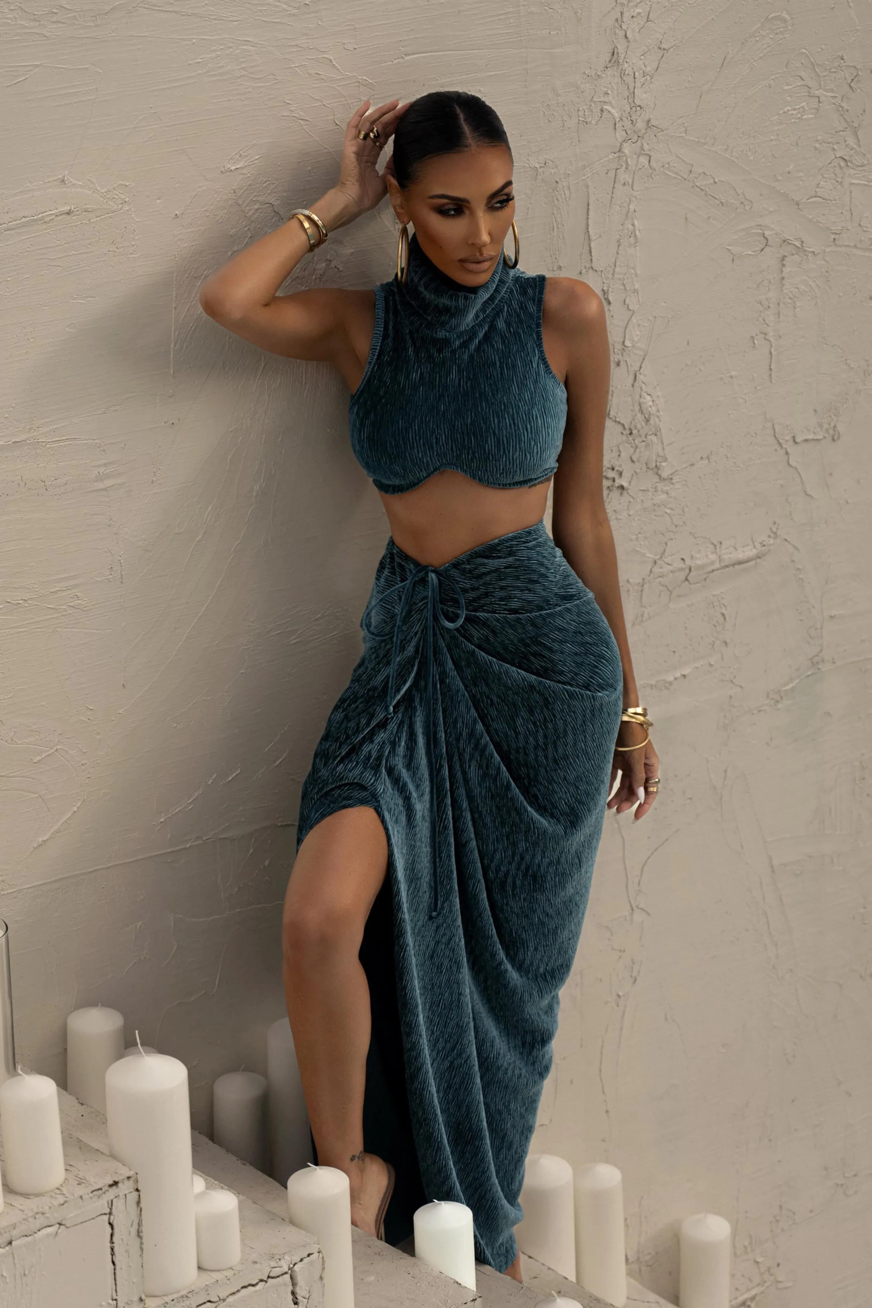 Teal Chosen One Velvet Skirt Set