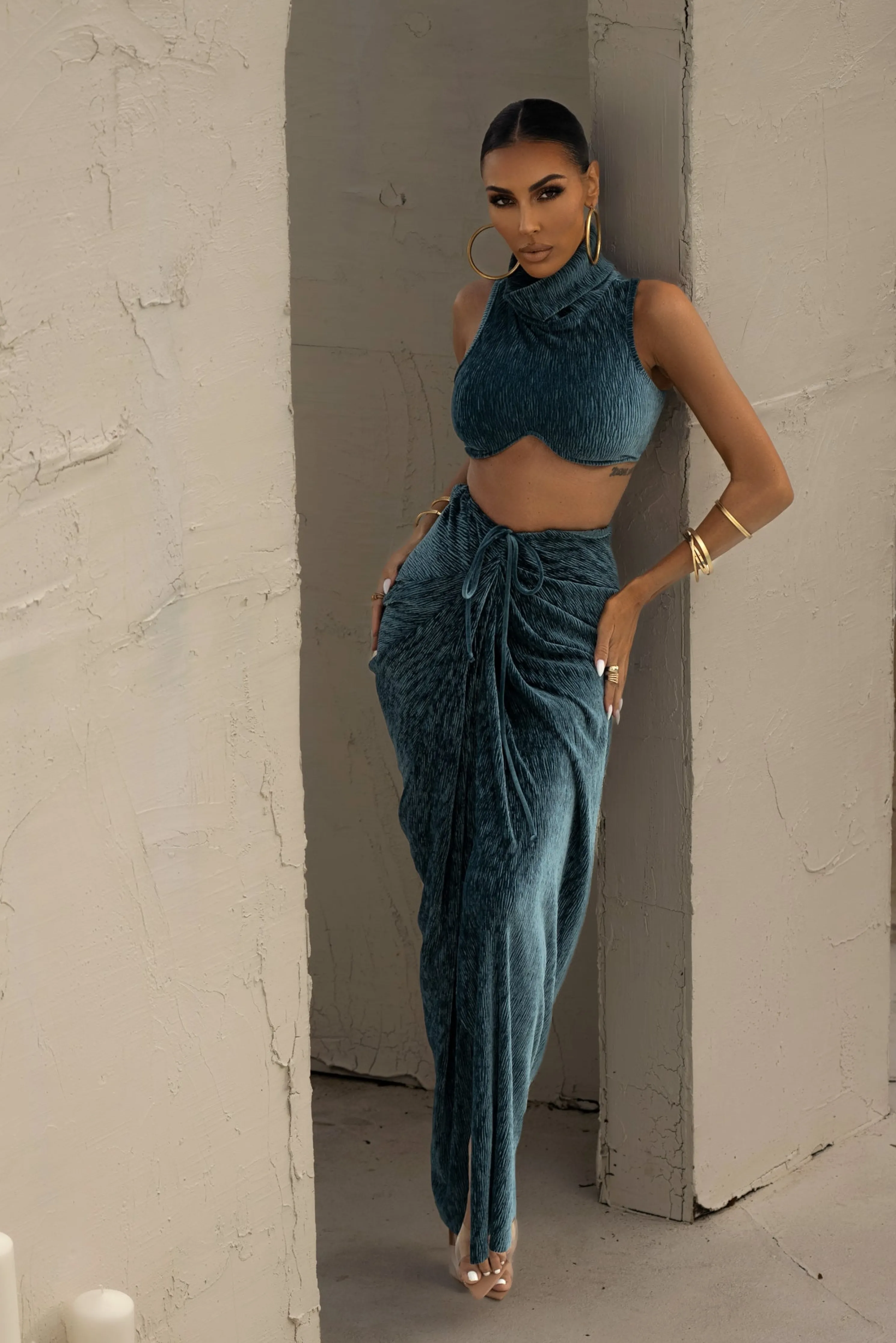 Teal Chosen One Velvet Skirt Set