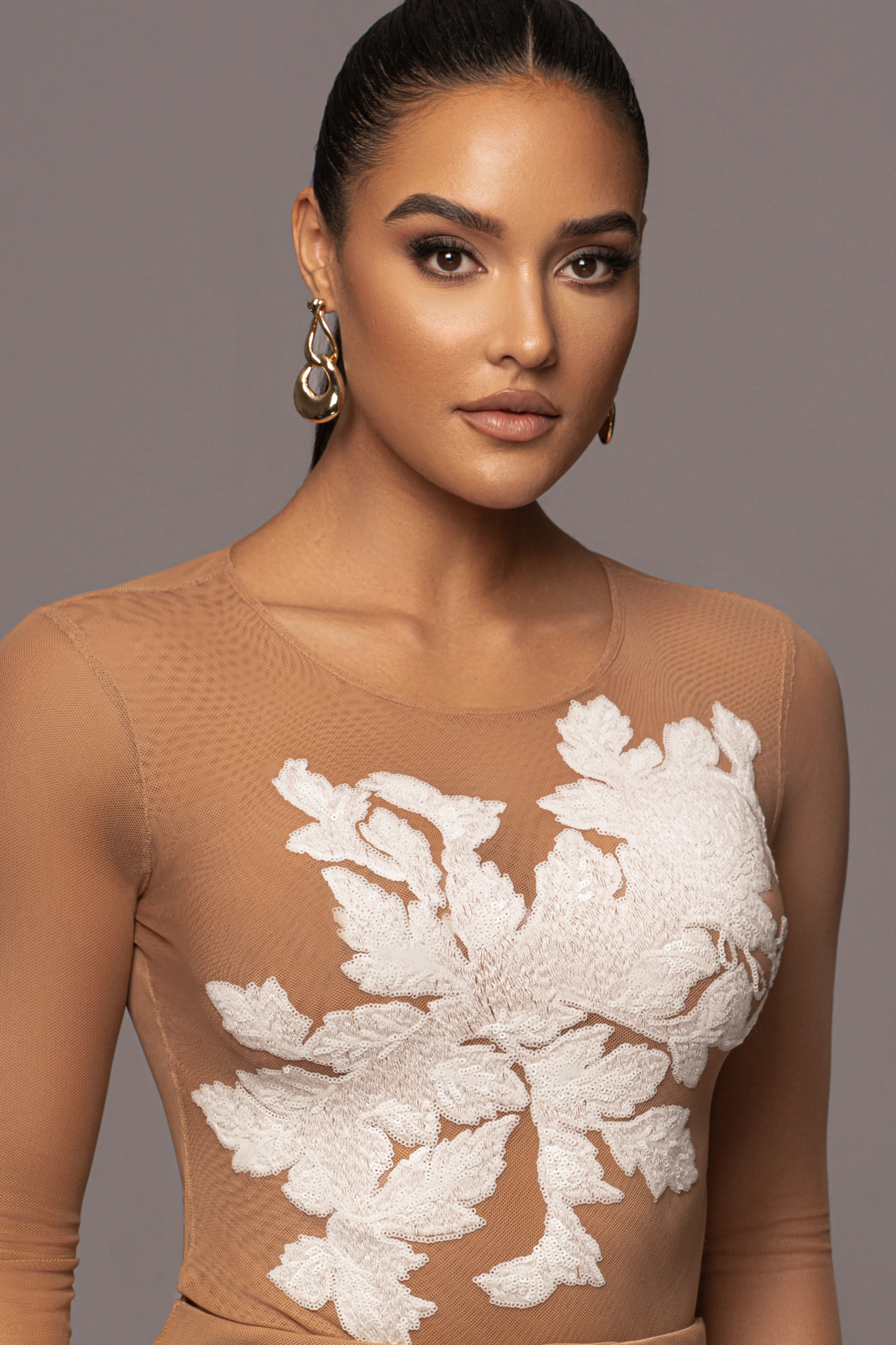 White Charmed Embroidered Mesh Bodysuit