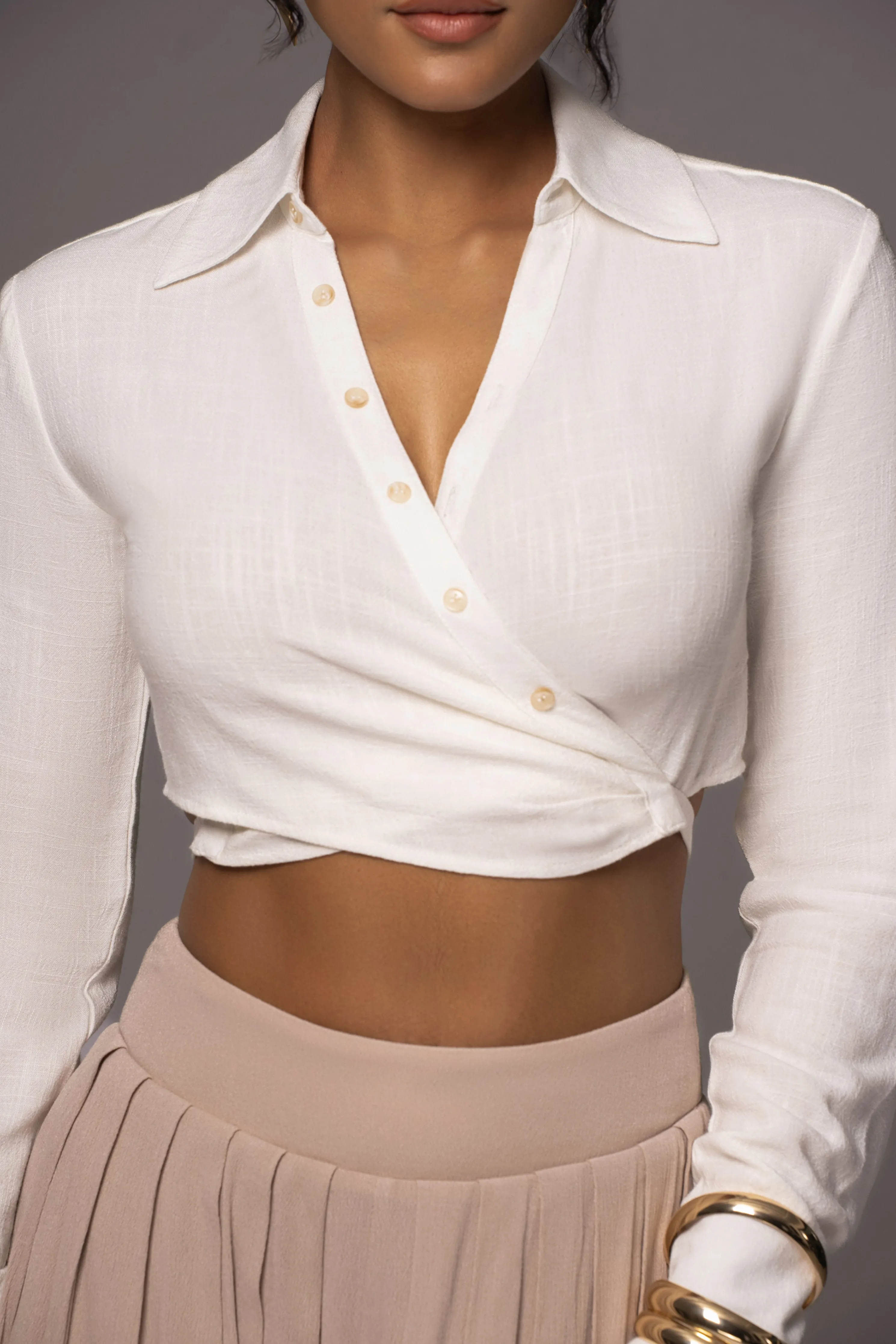 White Drift Away Linen Wrap Top