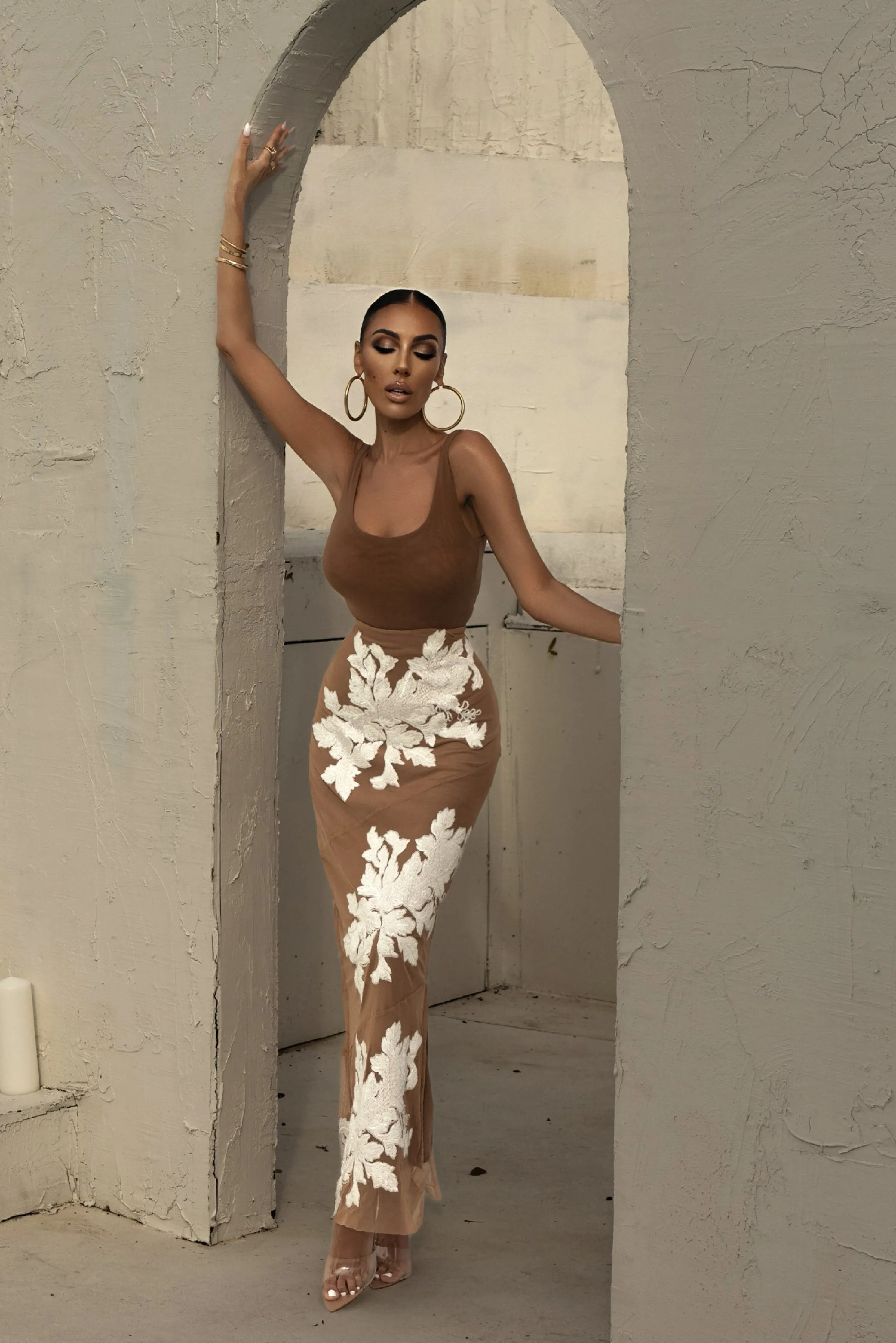 White Edena Embroidered Midi Skirt