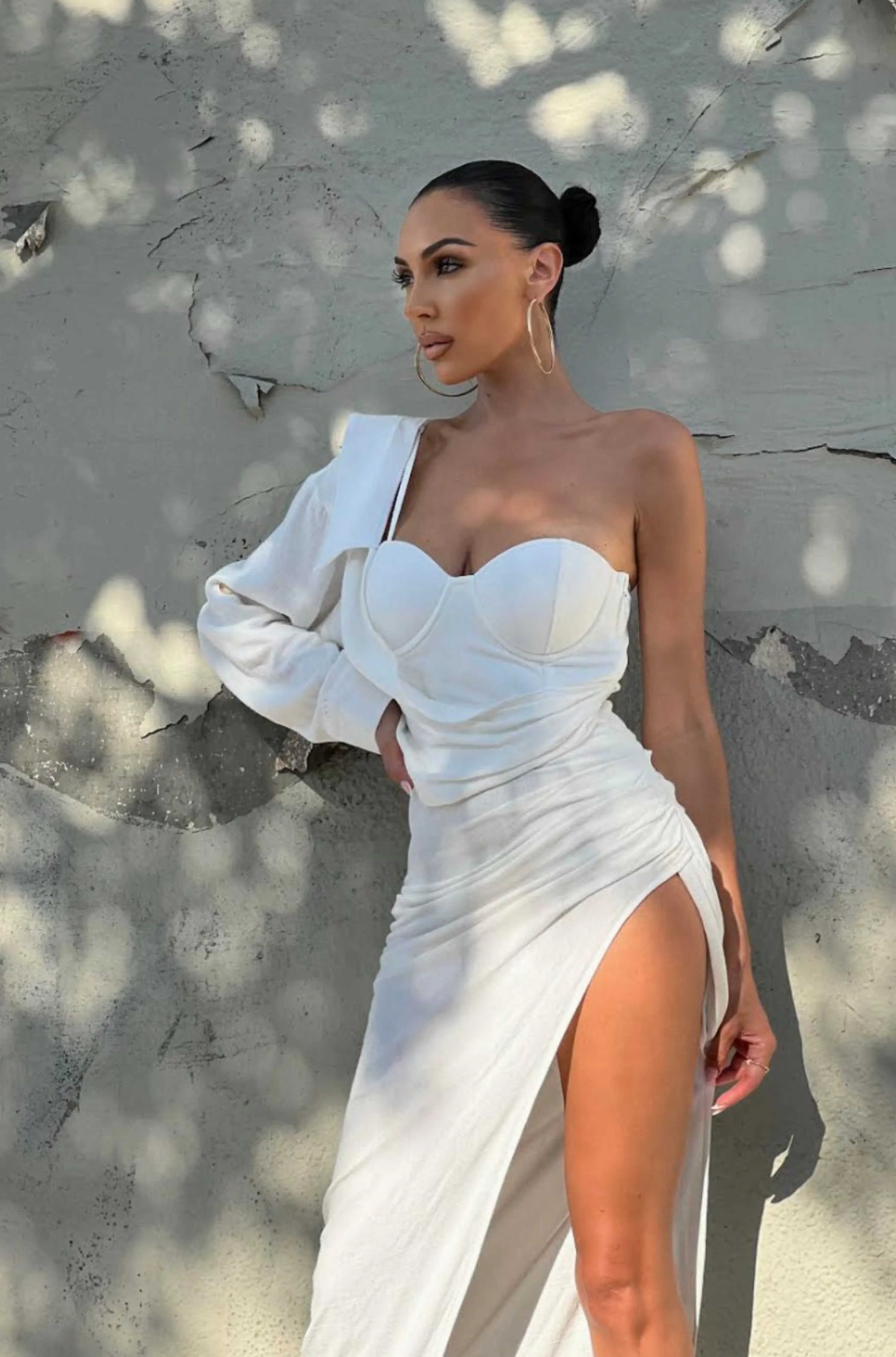 White Evita Linen Draped Dress