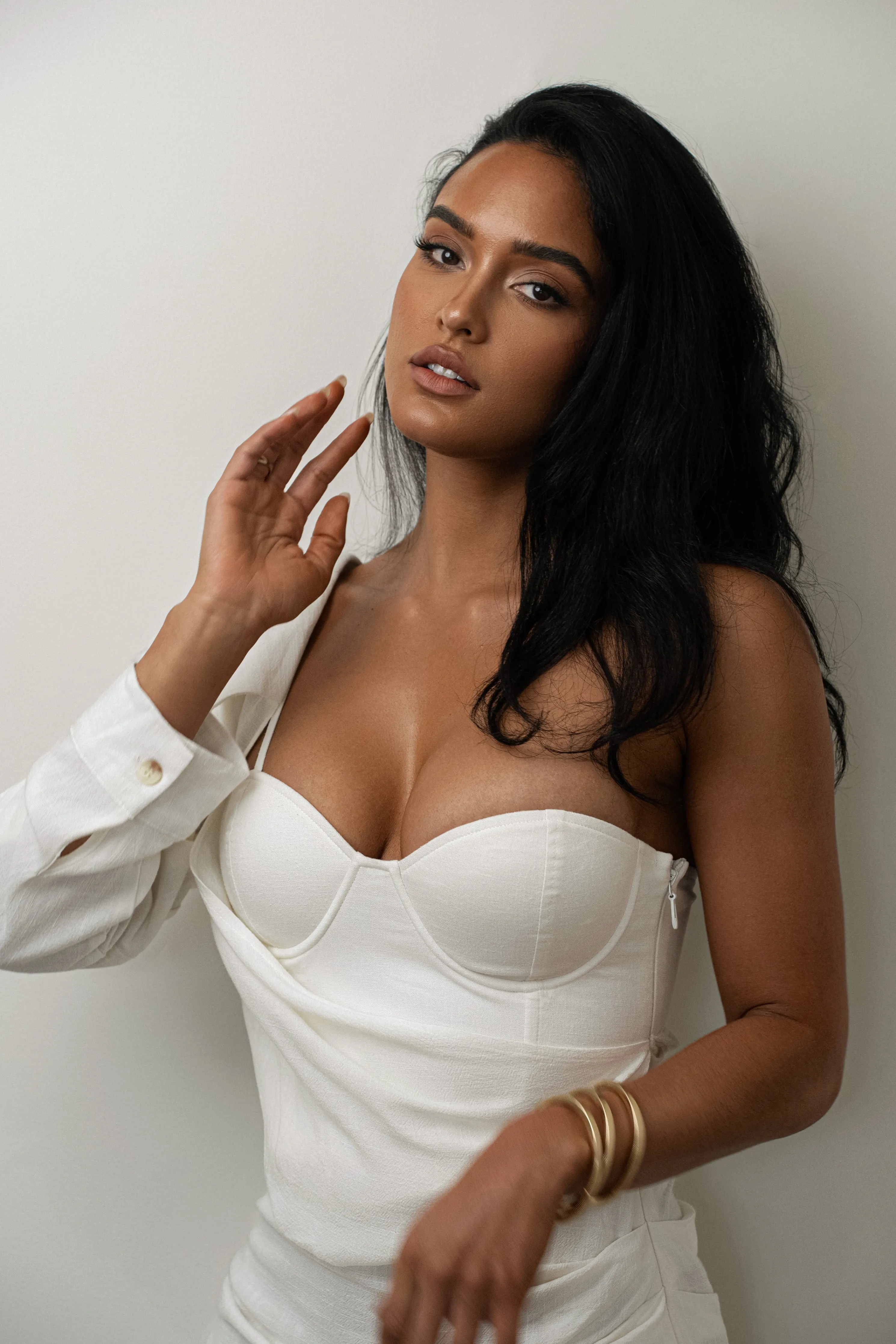 White Evita Linen Draped Dress