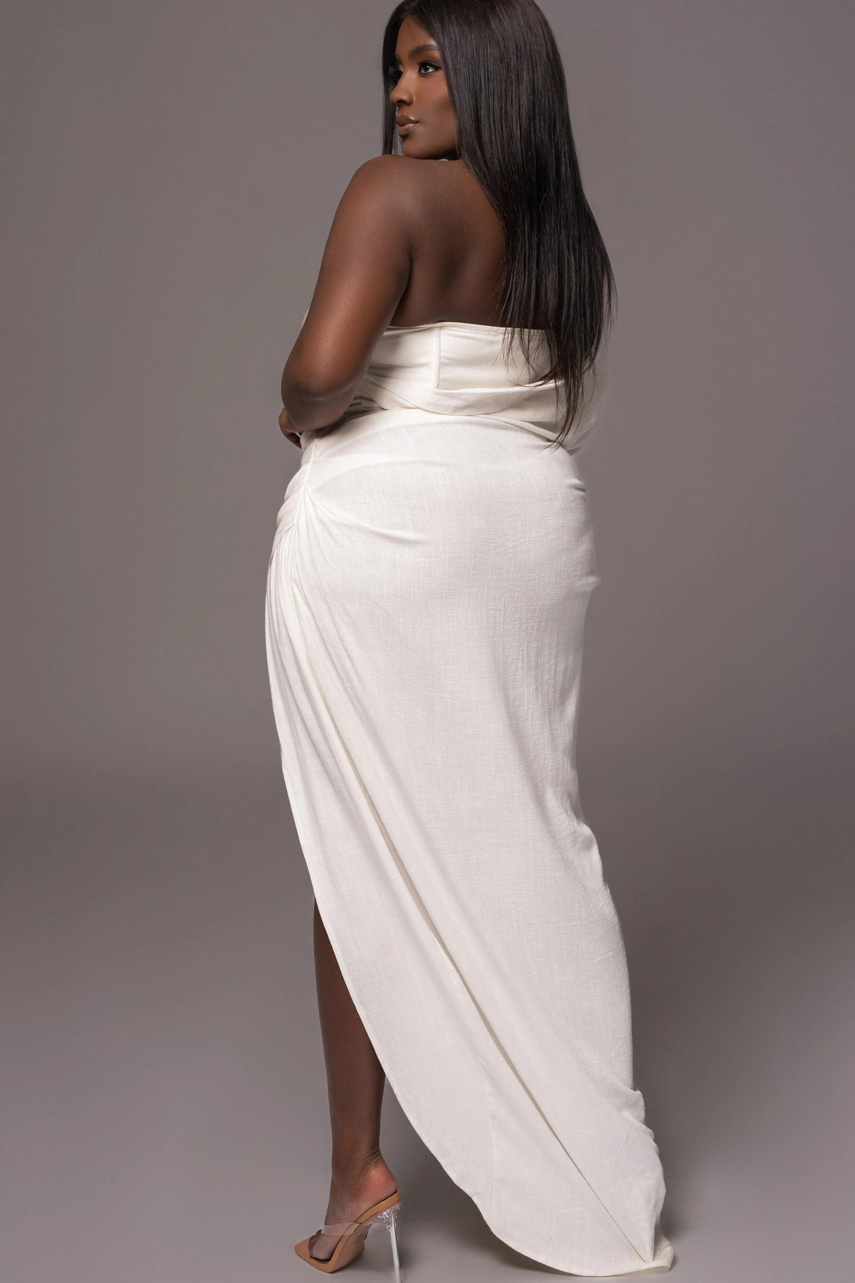 White Evita Linen Draped Dress