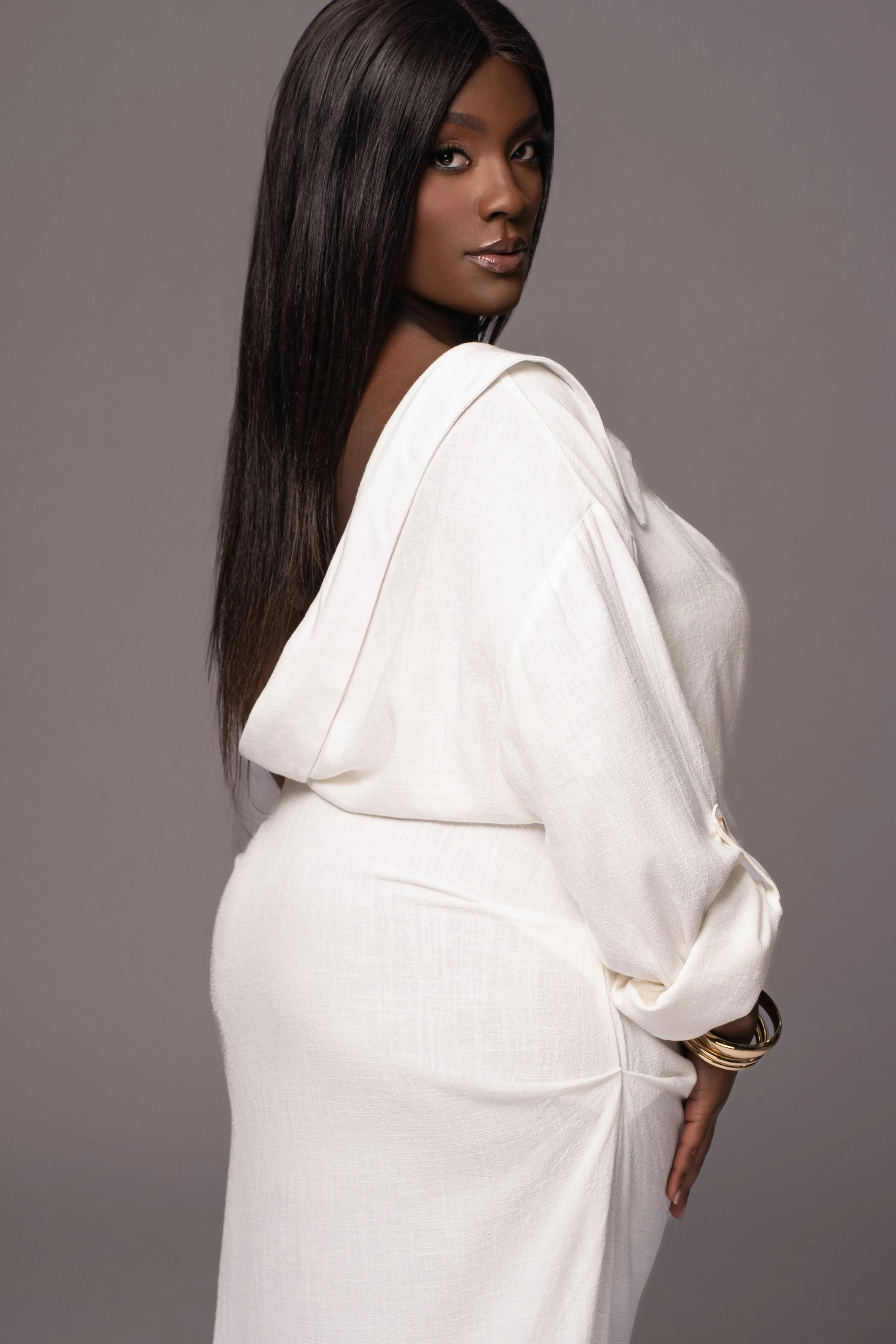 White Evita Linen Draped Dress